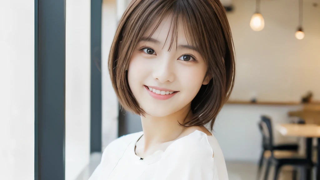 Young Japanese Woman, 18-year-old, White Background, Stylish cafe interior background, White brown hair, thin, 4K, 8k, high quality, beauty, smile, Beautiful Eyes, Characterized by simplicity, High resolution,1 person,Beautiful clothes