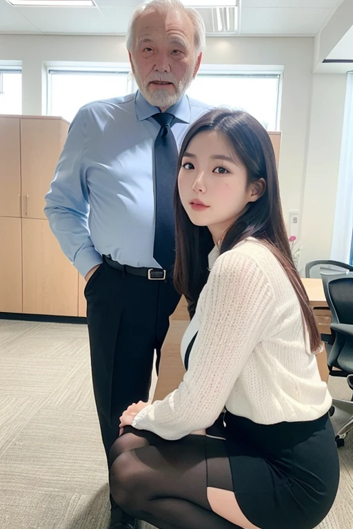 ((highest quality)), ((masterpiece)), (((24 years old korean girl squatting and 60 years old korean man standing beside young girl))), (be familiar with), (High definition), (Real), 8K, Best Shadow, Side lighting, Cinematic、Low contrast、(Complex:1.4)、(((An office korean girl is squatting with her head being held by a tall old man in a suit))), girl is brightly smile, milf, business suit, (Pencil Skirt, High stockings), Top-down view, (Bright office reception room), (((focus on old man))), (((tall old korean man holding young girl's head))), side view,