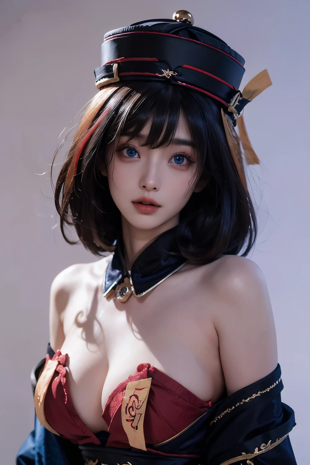 (qing guanmao:1.3),Hat,(red gemstone:1.2),white background,simple background,(gem:1.2),hwah jah,(streaked hair:1.4),floating paper,zombie fairy,(multicolored hair:1.3),(blue eyes:1.2),bare shoulders,, best quality , masterpiece, illustration, an extremely delicate and beautiful, extremely detailed ,CG,unity,8k wallpaper, Amazing, finely detail, masterpiece, best quality,official art,extremely detailed CG unity 8k wallpaper,absurdres, incredibly absurdres, huge filesize , ultra-detailed, highres, extremely detailed,beautiful detailed girl, extremely detailed eyes and face, beautiful detailed eyes,light on face,