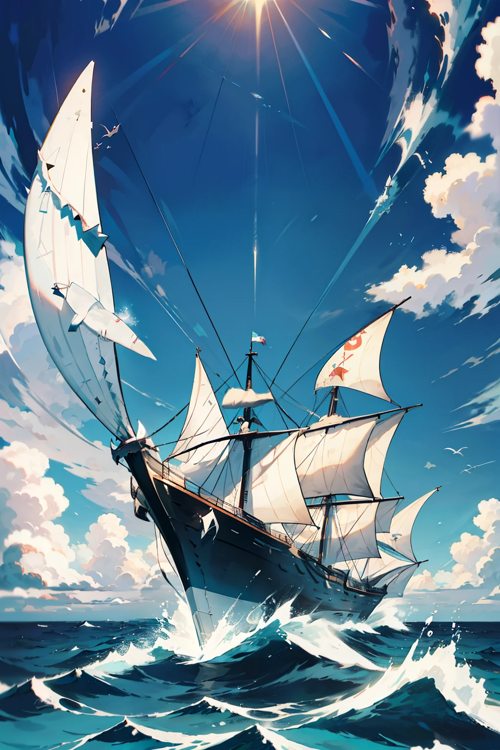Stunning Illustration, Detailed Depiction, Full Image, Marine Scene, Blue Ship, White Sail, Shark Figure, Dramatic, Majestic, Open Sea, Sunlight Reflections, Deep Blue Background, Vibrant, Colorful, Realistic Details, Shark Jaws Wide Open, White Sail Fluttering, Sense of Movement, Powerful Imagery, (High Quality:1.4), Masterpiece, Photorealistic, Professional Artwork, (Seafaring Adventure:1.3), (Sailing Away:1.1), (Shark Attack:1.2), Striking, Attention-Grabbing, Modern, T