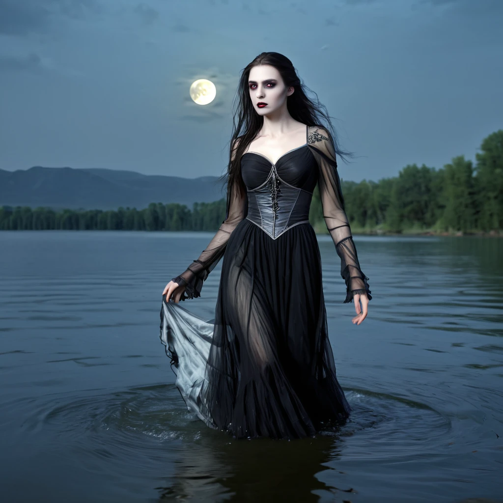 a death elf, female, wispy long hair, pitch black eyes, porcelain white skin, lots of dark veins, sheer dark dress billowing in an evil wind, her feet hover over a lake, zombies slowly emerge from the lake to serve her, moonlit night, fantasy, dark fantasy, gothic, dramatic lighting, moody, cinematic, highly detailed, intricate, photorealistic, 8k, masterpiece, (best quality, 4k, 8k, highres, masterpiece:1.2), ultra-detailed, (realistic, photorealistic, photo-realistic:1.37), HDR, UHD, studio lighting, ultra-fine painting, sharp focus, physically-based rendering, extreme detail description, professional, vivid colors, bokeh
