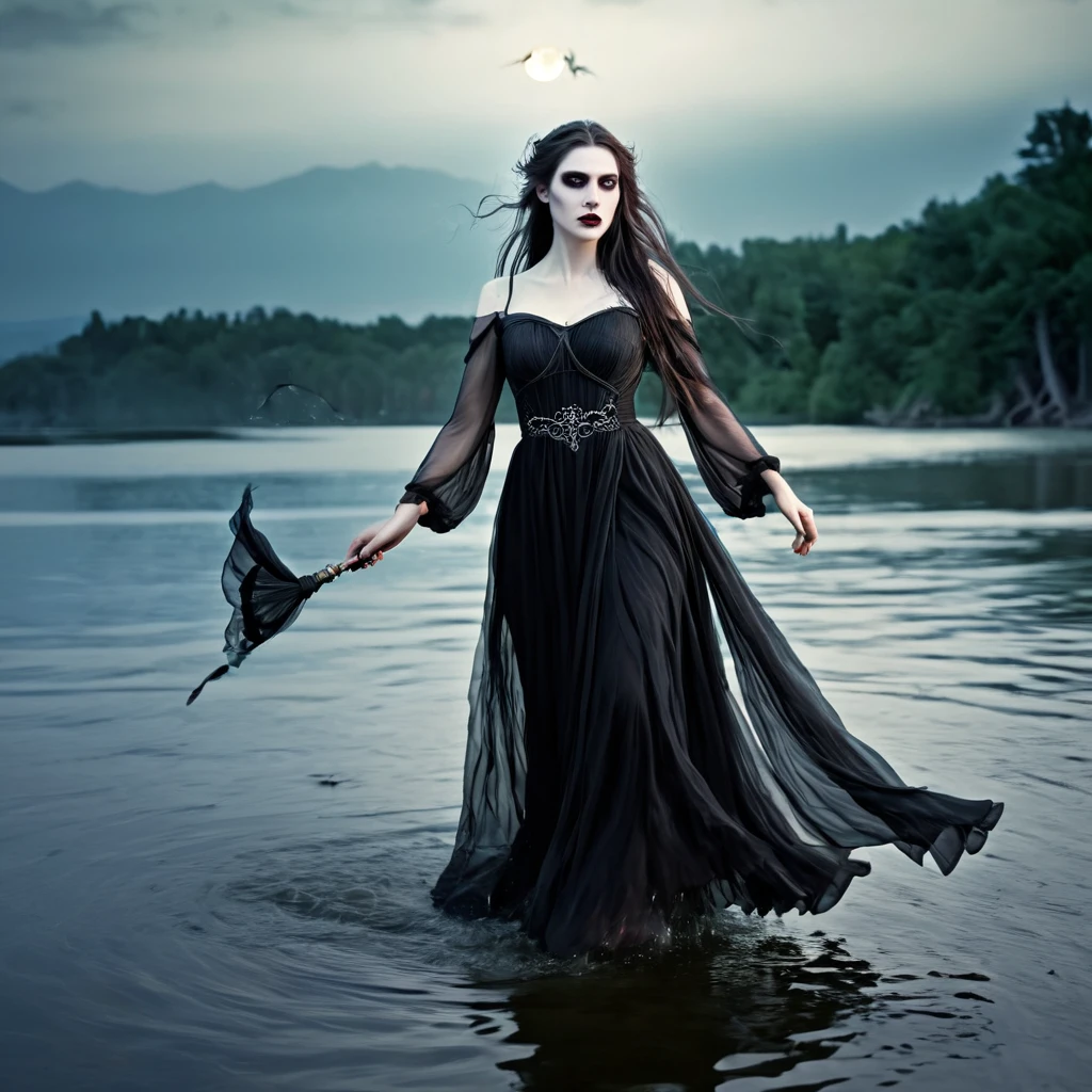 a death elf, female, wispy long hair, pitch black eyes, porcelain white skin, lots of dark veins, sheer dark dress billowing in an evil wind, her feet hover over a lake, zombies slowly emerge from the lake to serve her, moonlit night, fantasy, dark fantasy, gothic, dramatic lighting, moody, cinematic, highly detailed, intricate, photorealistic, 8k, masterpiece, (best quality, 4k, 8k, highres, masterpiece:1.2), ultra-detailed, (realistic, photorealistic, photo-realistic:1.37), HDR, UHD, studio lighting, ultra-fine painting, sharp focus, physically-based rendering, extreme detail description, professional, vivid colors, bokeh
