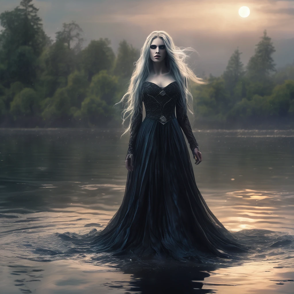 a death elf, female, wispy long hair, pitch black eyes, porcelain white skin, lots of dark veins, sheer dark dress billowing in an evil wind, her feet hover over a lake, zombies slowly emerge from the lake to serve her, moonlit night, fantasy, dark fantasy, gothic, dramatic lighting, moody, cinematic, highly detailed, intricate, photorealistic, 8k, masterpiece, (best quality, 4k, 8k, highres, masterpiece:1.2), ultra-detailed, (realistic, photorealistic, photo-realistic:1.37), HDR, UHD, studio lighting, ultra-fine painting, sharp focus, physically-based rendering, extreme detail description, professional, vivid colors, bokeh
