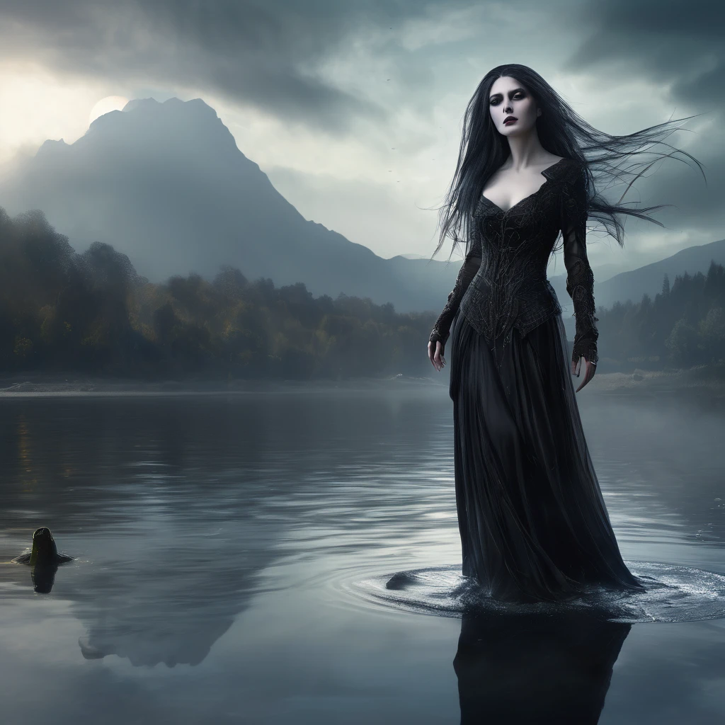 a death elf, female, wispy long hair, pitch black eyes, porcelain white skin, lots of dark veins, sheer dark dress billowing in an evil wind, her feet hover over a lake, zombies slowly emerge from the lake to serve her, moonlit night, fantasy, dark fantasy, gothic, dramatic lighting, moody, cinematic, highly detailed, intricate, photorealistic, 8k, masterpiece, (best quality, 4k, 8k, highres, masterpiece:1.2), ultra-detailed, (realistic, photorealistic, photo-realistic:1.37), HDR, UHD, studio lighting, ultra-fine painting, sharp focus, physically-based rendering, extreme detail description, professional, vivid colors, bokeh
