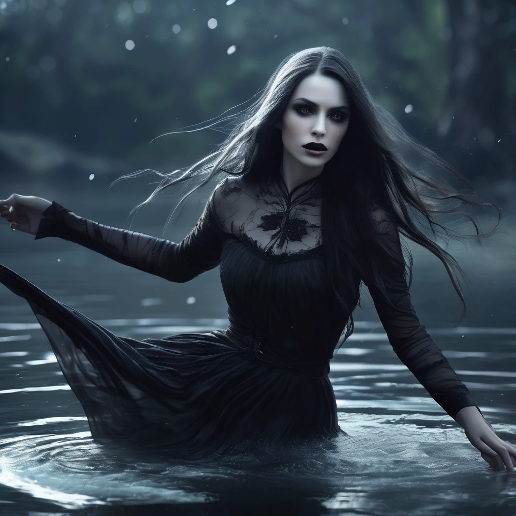 a death elf, female, wispy long hair, pitch black eyes, porcelain white skin, lots of dark veins, sheer dark dress billowing in an evil wind, her feet hover over a lake, zombies slowly emerge from the lake to serve her, moonlit night, fantasy, dark fantasy, gothic, dramatic lighting, moody, cinematic, highly detailed, intricate, photorealistic, 8k, masterpiece, (best quality, 4k, 8k, highres, masterpiece:1.2), ultra-detailed, (realistic, photorealistic, photo-realistic:1.37), HDR, UHD, studio lighting, ultra-fine painting, sharp focus, physically-based rendering, extreme detail description, professional, vivid colors, bokeh
