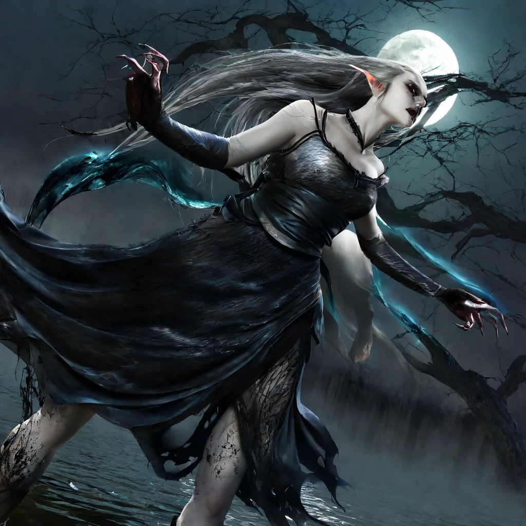 a death elf, female, wispy long hair, pitch black eyes, porcelain white skin, lots of dark veins, sheer dark dress billowing in an evil wind, her feet hover over a lake, zombies slowly emerge from the lake to serve her, moonlit night, fantasy, dark fantasy, gothic, dramatic lighting, moody, cinematic, highly detailed, intricate, photorealistic, 8k, masterpiece, (best quality, 4k, 8k, highres, masterpiece:1.2), ultra-detailed, (realistic, photorealistic, photo-realistic:1.37), HDR, UHD, studio lighting, ultra-fine painting, sharp focus, physically-based rendering, extreme detail description, professional, vivid colors, bokeh