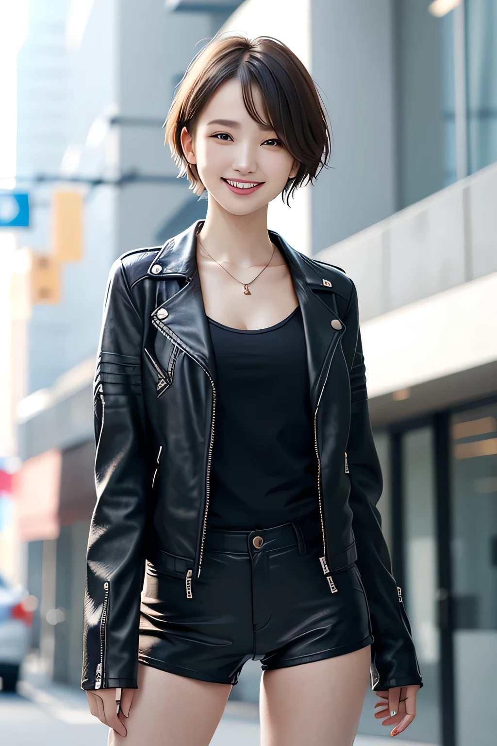 205 ((short hair)), 20-year-old female, In underwear、Leather jacket with sleeves unworn、Wear a jacket over your shoulders、smile、Beautiful teeth alignment、、Black Hair、ear piercing、Necklace around the neck、Looking into the camera, The background is the city