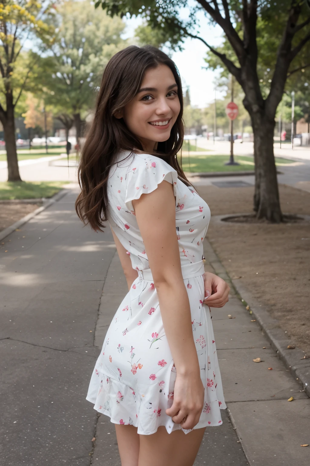 Una chica,rn un parque,usando vestido,sonriendo