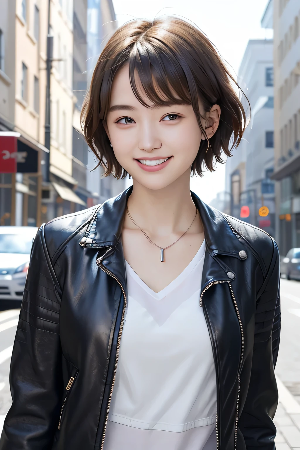 205 ((short hair)), 20-year-old female, In underwear、Leather jacket with sleeves unworn、Wear a jacket over your shoulders、smile、Beautiful teeth alignment、、Black Hair、ear piercing、Necklace around the neck、Looking into the camera, The background is the city