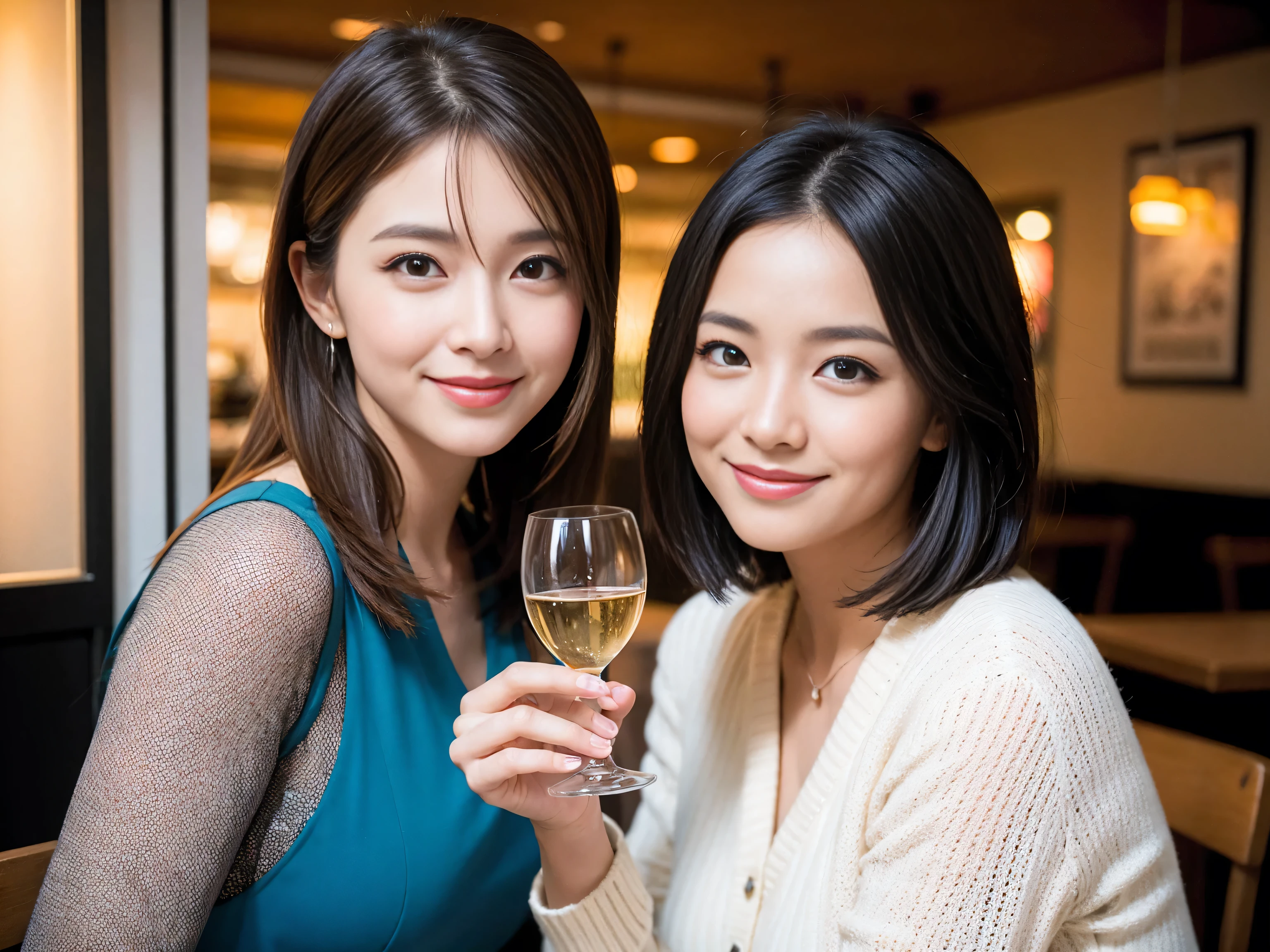 ((highest quality、8k、masterpiece:1.3))、1 male、1 woman who resembles Satomi Ishihara、Couple、Spouse、Couple、The body is slim、((Bob Hale、Straight hair:1.2)), (Realistic, Intricate details:1.2), Wine glass on the table、Put the light on your face、 Amazing view of the sunset sky and clouds、Amazing mountain views、A bright smile、The wonderfulness of smile、Bright image、The beauty of wine, Beautiful Face, blue eyes, The light shines on your face, Blushing, short hair,Bright Face、 (Age 37), 39 years old, red wine 、Appetizers、Italian food、Wine bottle、Champagne、sparkling wine、Two beauties、Brown Hair、Shortcuts、Long sleeve shirt、dress、Pretty Woman 1, (Slim face), (The body is slim), (Brown Hair), (Shortcuts), cheeks turn a little red,Attractive beauty、restaurant, In a prominent place (From the waist up) Nova Frog Style, actress, model, Upper Body, White wine, slim, wine glass, A wine glass placed in the center, smile, (smile: 1.15), Beautiful fine grain, Depth f/2,saturation, High Contrast, Strong light and shadow,Moist Body:1.5、3D texture、Delicate eyes、Brown Hair、The hair is very shiny、