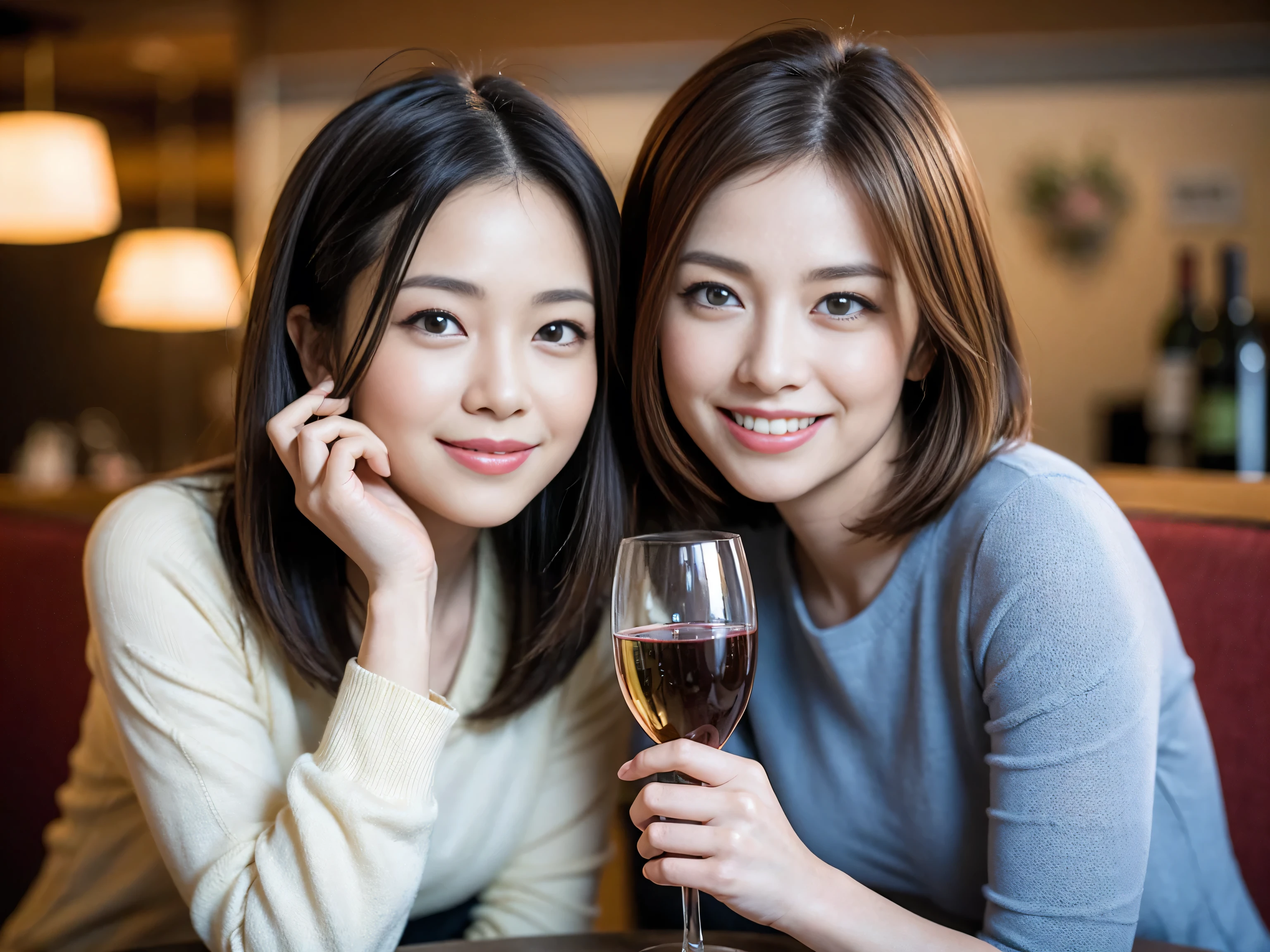 ((highest quality、8k、masterpiece:1.3))、1 male、1 female、Satomi Ishihara lookalike couple、Spouse、Brown Hair Couple、The body is slim、((Bob Hale、Straight hair:1.2)), (Realistic, Intricate details:1.2), Wine glass on the table、Put the light on your face、 Amazing view of the sunset sky and clouds、Amazing mountain views、A bright smile、The wonderfulness of smile、Bright image、The beauty of wine, Beautiful Face, blue eyes, The light shines on your face, Blushing, short hair,Bright Face、 (41 years old), 39 years old, red wine 、Appetizers、Italian food、Wine bottle、Champagne、sparkling wine、Two beauties、Brown Hair、Shortcuts、Long sleeve shirt、dress、Pretty Woman 1, (Slim face), (The body is slim), (Brown Hair), (Shortcuts), cheeks turn a little red,Attractive beauty、restaurant, In a prominent place (From the waist up) Nova Frog Style, actress, model, Upper Body, White wine, slim, wine glass, A wine glass placed in the center, smile, (smile: 1.15), Beautiful fine grain, Depth f/2,saturation, High Contrast, Strong light and shadow,Moist Body:1.5、3D texture、Delicate eyes、Brown Hair、The hair is very shiny、