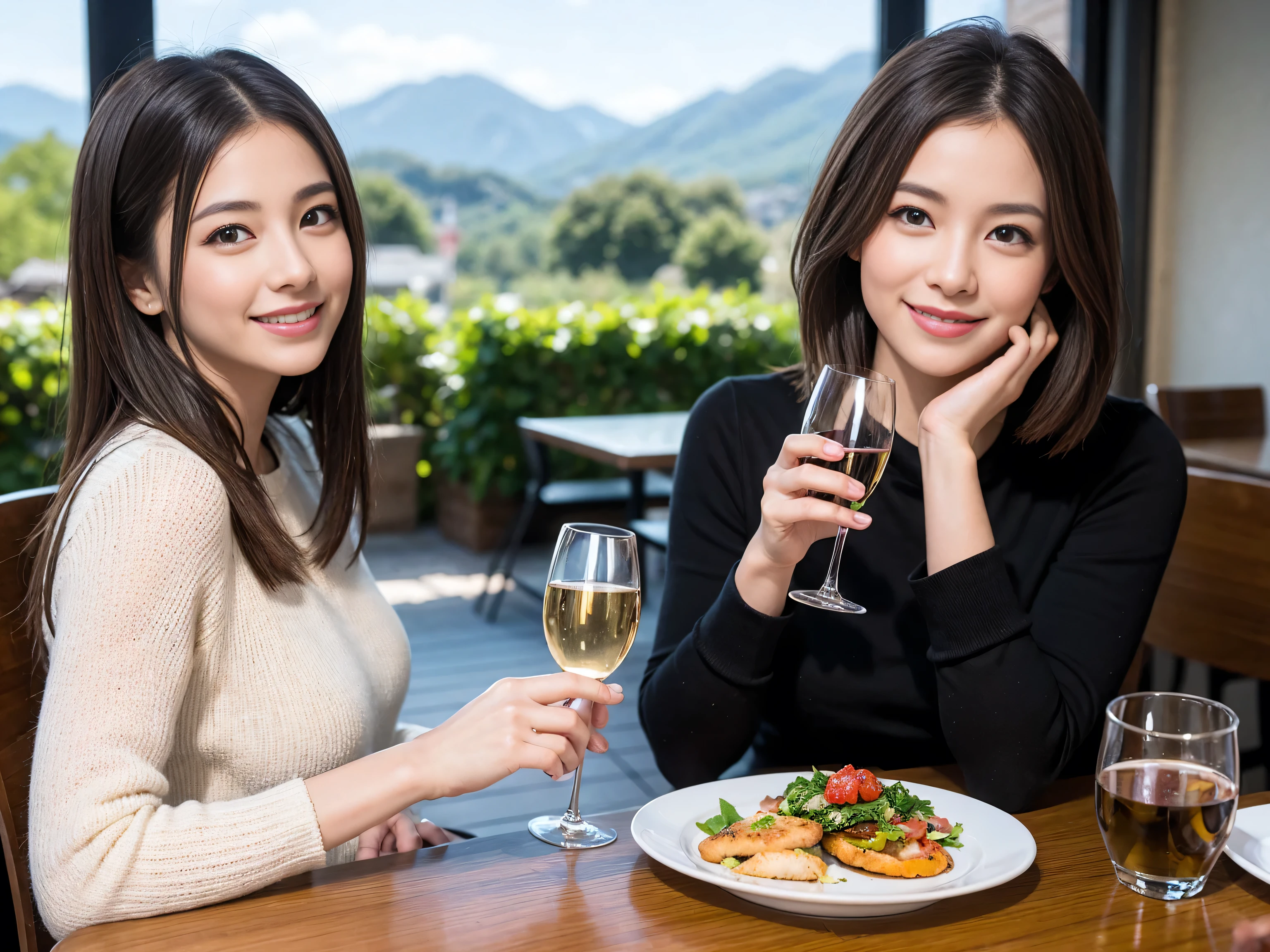((highest quality、8k、masterpiece:1.3))、1 male、1 female、Satomi Ishihara lookalike couple、Spouse、Brown Hair Couple、The body is slim、((Bob Hale、Straight hair:1.2)), (Realistic, Intricate details:1.2), Wine glass on the table、Put the light on your face、 Amazing view of the sunset sky and clouds、Amazing mountain views、A bright smile、The wonderfulness of smile、Bright image、The beauty of wine, Beautiful Face, blue eyes, The light shines on your face, Blushing, short hair,Bright Face、 (41 years old), 39 years old, red wine 、Appetizers、Italian food、Wine bottle、Champagne、sparkling wine、Two beauties、Brown Hair、Shortcuts、Long sleeve shirt、dress、Pretty Woman 1, (Slim face), (The body is slim), (Brown Hair), (Shortcuts), cheeks turn a little red,Attractive beauty、restaurant, In a prominent place (From the waist up) Nova Frog Style, actress, model, Upper Body, White wine, slim, wine glass, A wine glass placed in the center, smile, (smile: 1.15), Beautiful fine grain, Depth f/2,saturation, High Contrast, Strong light and shadow,Moist Body:1.5、3D texture、Delicate eyes、Brown Hair、The hair is very shiny、