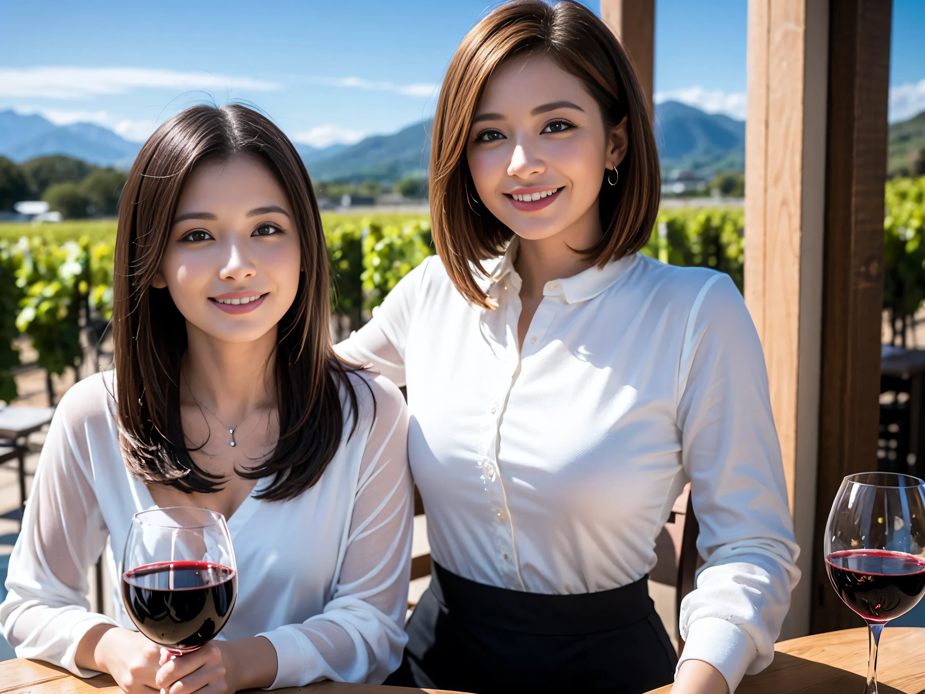((highest quality、8k、masterpiece:1.3))、1 male、1 female、Satomi Ishihara lookalike couple、Spouse、Brown Hair Couple、The body is slim、((Bob Hale、Straight hair:1.2)), (Realistic, Intricate details:1.2), Wine glass on the table、Put the light on your face、 Amazing view of the sunset sky and clouds、Amazing mountain views、A bright smile、The wonderfulness of smile、Bright image、The beauty of wine, Beautiful Face, blue eyes, The light shines on your face, Blushing, short hair,Bright Face、 (41 years old), 39 years old, red wine 、Appetizers、Italian food、Wine bottle、Champagne、sparkling wine、Two beauties、Brown Hair、Shortcuts、Long sleeve shirt、dress、Pretty Woman 1, (Slim face), (The body is slim), (Brown Hair), (Shortcuts), cheeks turn a little red,Attractive beauty、restaurant, In a prominent place (From the waist up) Nova Frog Style, actress, model, Upper Body, White wine, slim, wine glass, A wine glass placed in the center, smile, (smile: 1.15), Beautiful fine grain, Depth f/2,saturation, High Contrast, Strong light and shadow,Moist Body:1.5、3D texture、Delicate eyes、Brown Hair、The hair is very shiny、
