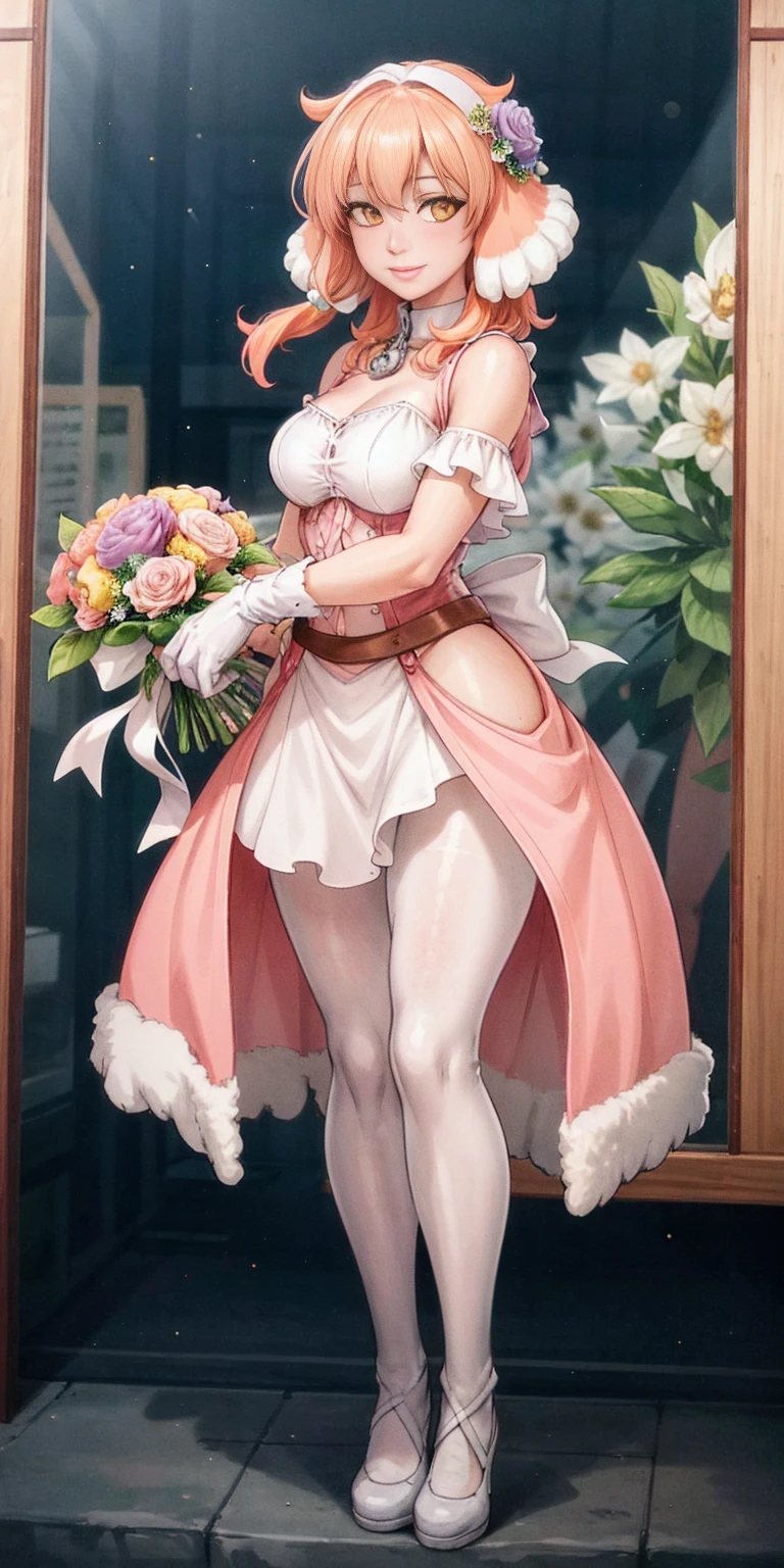 ((Roxanne)) ((woman dressed holding flowers and flowers near a store window)) 1girl, flower, solo (dog fluffy ears) [[orange hair]] pantyhose, bouquet, looking at viewer, black hairband, yellow eyes, dress, hair flower, holding a bouquet, standing, short sleeves, white footwear,(dress color:white, pink:1.4) yellow flower, selling flowers, scenery, night time, wall lamp, smile, pink flowers, blue flowers, cowboy shot, large breasts, small ribbon on flower as tie ((scenery)) (windy:1.3)