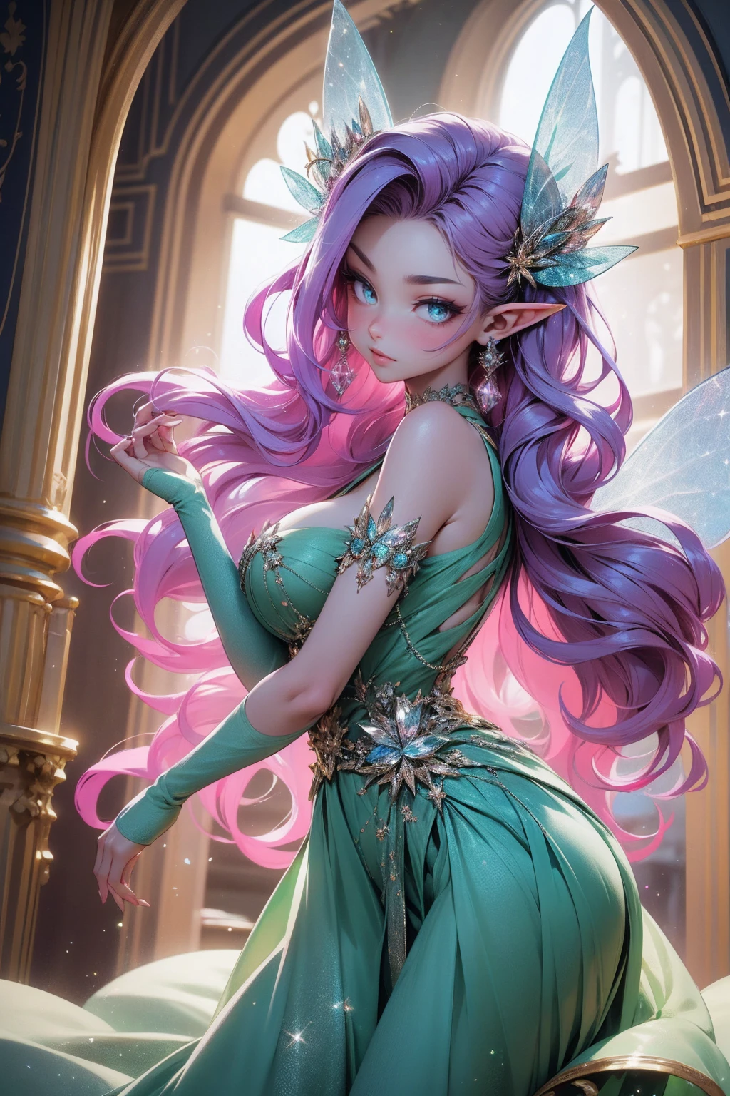 (Absurd, high quality, ultra -compared, careful with the hand) fairy, fairy wings, dreamer body, vivid, romantic and all. Optimistic face, just lies, without entry and intellectual. Green dress. Reckless style, sweet and passion, Gray eyes, cute (eyes of the eyes), enchanted fairy (pixie) . long hair, magenta hair. In the carnival row illustration, flying, dancing lithgly, Whole body,  