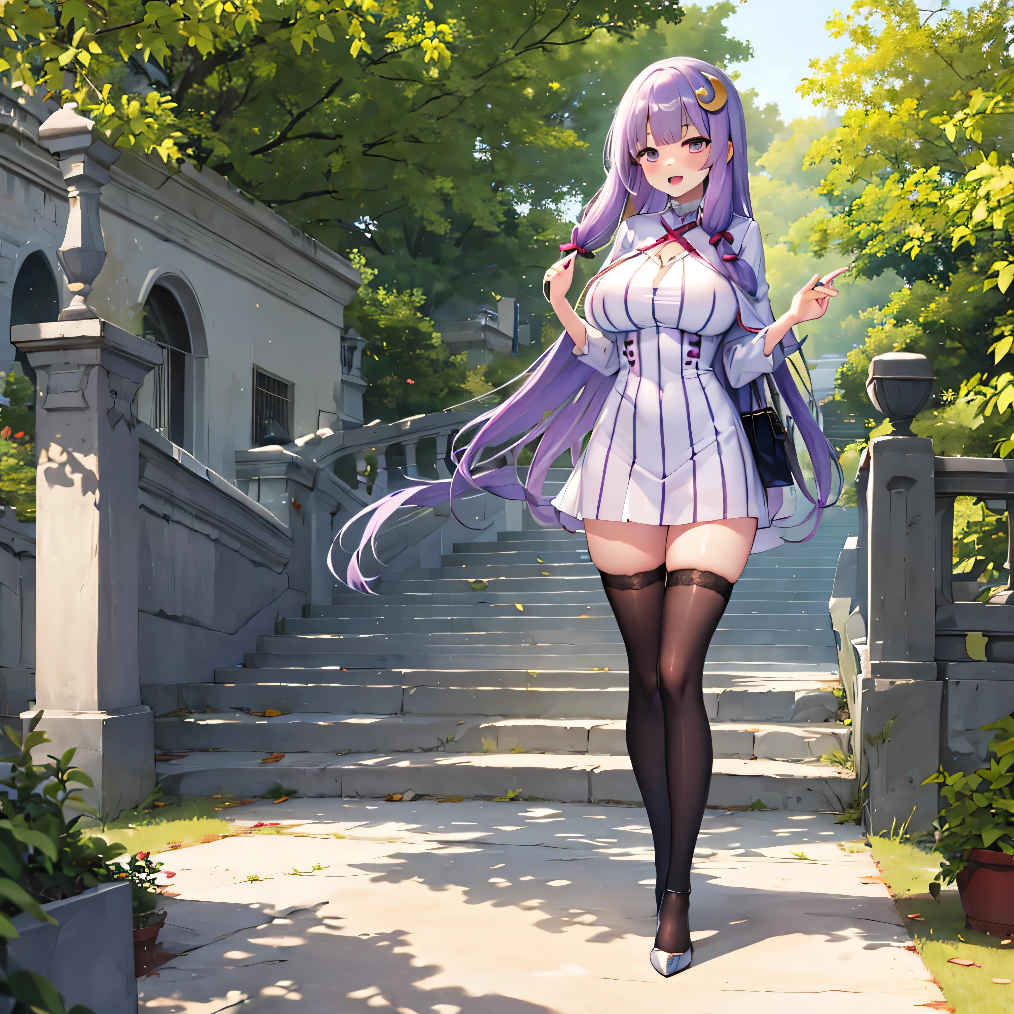 (solo), (Patchouli toho character), (standing at lakeside forest alone), outside, (standing with open legs wide:1.5), (arms behind back), swaying back, tiptoe, BREAK, (disproportionately gigantic huge breasts:1.2), inconceivably narrow waist, very short torso, (skinny long legs apart:1.2), BREAK, capelet, short dress, very short skirt, thigh gap, (black thighhighs:1.2), stiletto heels, BREAK, smile for viewer, open mouth, nose blush, full body, pussy juice