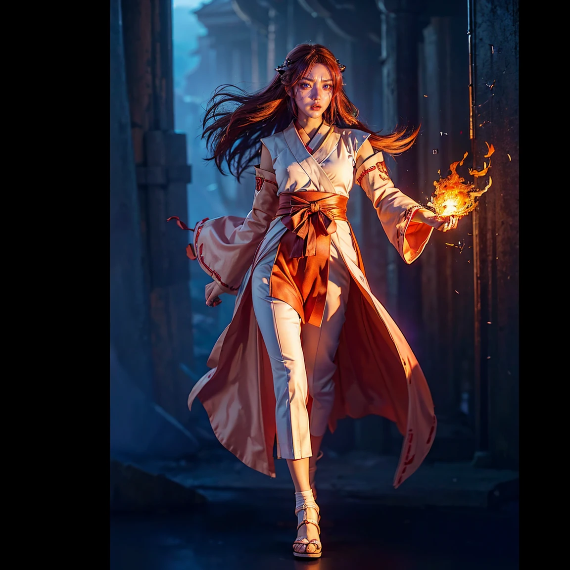 ultra-detailed, Explicit, Beautiful body, Beautiful Nose, Beautiful character design, perfect eyes, perfect face, ultra highres, 4K, beautiful legs, perfect legs, Nice hands, Perfect hand, Masterpiece, Best Quality, Highly detailed, illustration, absurdres, perfect anatomy, (angry face), glowing eyes, looking at viewer, mystic aura, female priestess, full body, goddess-like, mystic trance, perfect female body, (angry stare, japanese clothes, miko, detached sleeves, hakama, hakama skirt, red hakama, ribbon-trimmed sleeves, (serious stare), purple eyes (mystic fire in her eyes), horns, extending the right arm from the shoulder into the air with a straightened hand, 1girl, hair ornaments, orange redhair, long hair, purple eyes, red fire pupils, (((pixel-perfect, detail-perfect))), solo, 1girl, Hanyuu, higurashi when they cry, umineko when they cry, medium sized natural breasts, furious face, extremely angry facial expression, eye with flames surrounding it, fantasy art, angel eyes, amazing detail digital art, stunning digital art, amazing digital art, detailed fantasy digital art