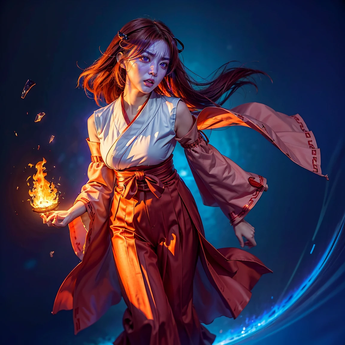 ultra-detailed, Explicit, Beautiful body, Beautiful Nose, Beautiful character design, perfect eyes, perfect face, ultra highres, 4K, beautiful legs, perfect legs, Nice hands, Perfect hand, Masterpiece, Best Quality, Highly detailed, illustration, absurdres, perfect anatomy, (angry face), glowing eyes, looking at viewer, mystic aura, female priestess, full body, goddess-like, mystic trance, perfect female body, (angry stare, japanese clothes, miko, detached sleeves, hakama, hakama skirt, red hakama, ribbon-trimmed sleeves, (serious stare), purple eyes (mystic fire in her eyes), horns, extending the right arm from the shoulder into the air with a straightened hand, 1girl, hair ornaments, orange redhair, long hair, purple eyes, red fire pupils, (((pixel-perfect, detail-perfect))), solo, 1girl, Hanyuu, higurashi when they cry, umineko when they cry, medium sized natural breasts, furious face, extremely angry facial expression, eye with flames surrounding it, fantasy art, angel eyes, amazing detail digital art, stunning digital art, amazing digital art, detailed fantasy digital art