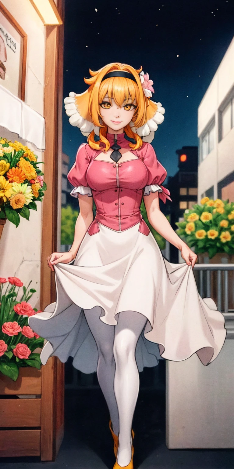 ((Roxanne)) ((woman dressed holding flowers and flowers near a store window)) 1girl, flower, solo (dog fluffy ears) [[orange hair]] pantyhose, bouquet, looking at viewer, black hairband, yellow eyes, dress, hair flower, holding a bouquet, standing, short sleeves, white footwear,(dress color:white, pink:1.4) yellow flower, selling flowers, scenery, night time, wall lamp, smile, pink flowers, blue flowers, cowboy shot, large breasts, small ribbon on flower as tie ((scenery)) (windy:1.3)