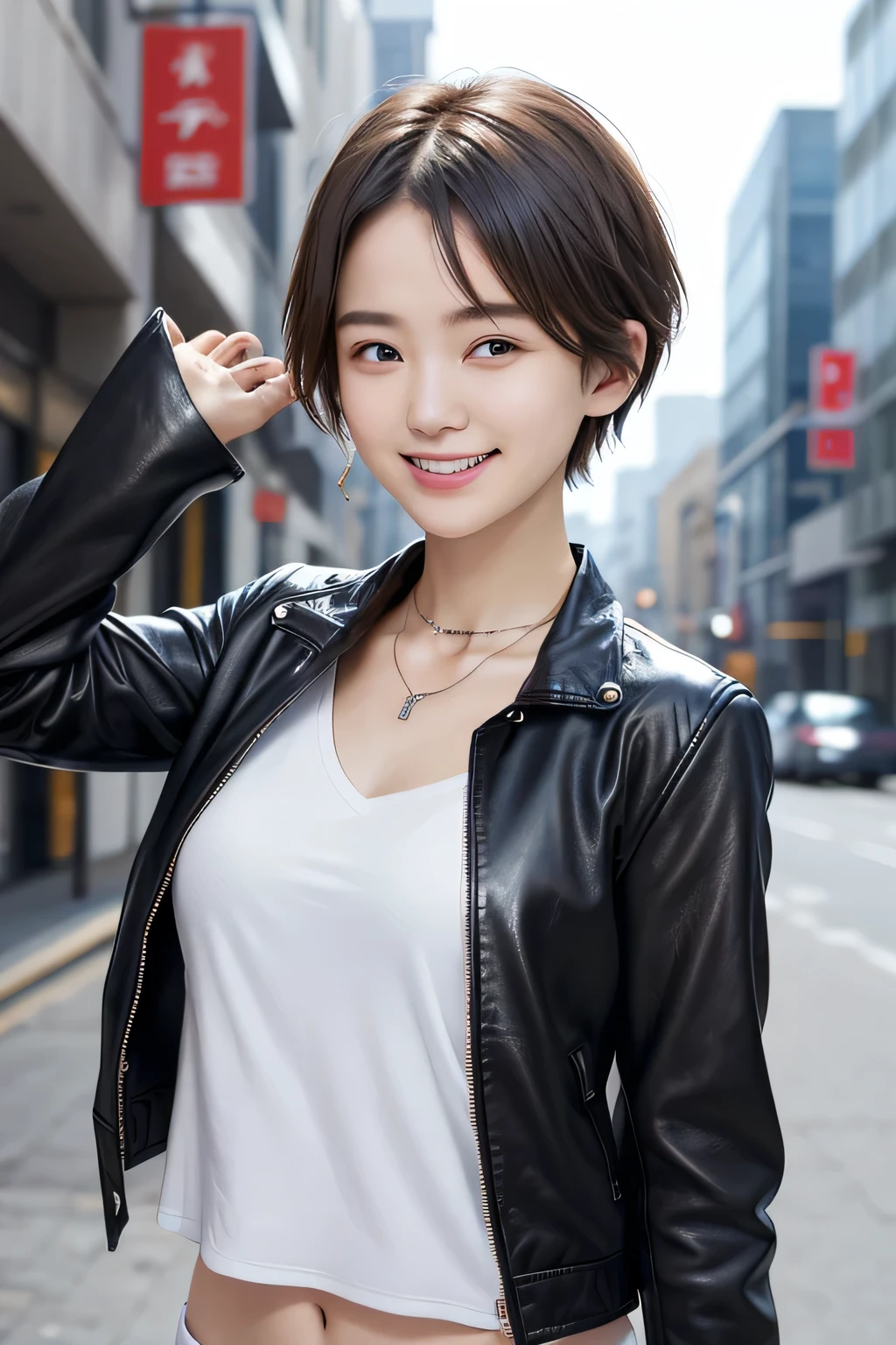 205 ((short hair)), 20-year-old female, In underwear、Leather jacket with sleeves unworn、Wear a jacket over your shoulders、smile、Beautiful teeth alignment、、Black Hair、ear piercing、Necklace around the neck、Looking into the camera, The background is the city