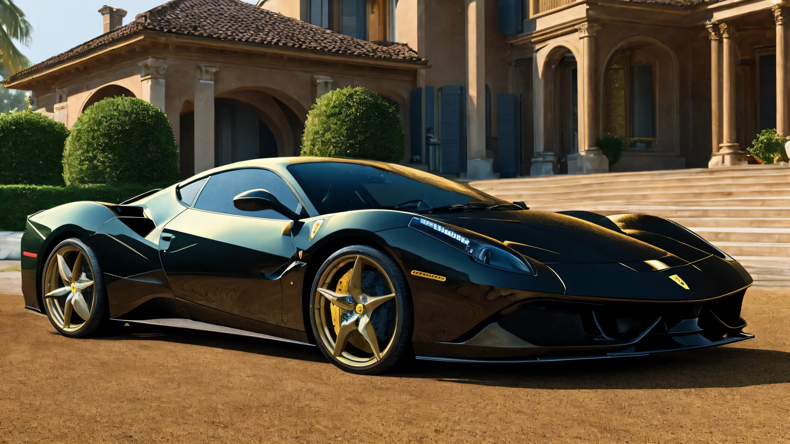 a man in front of a mansion next to a ferrari full of gold coins falling from the sky, ultra detailed image, realism, 8k, hyper detailed skin, intense and vivid colors.