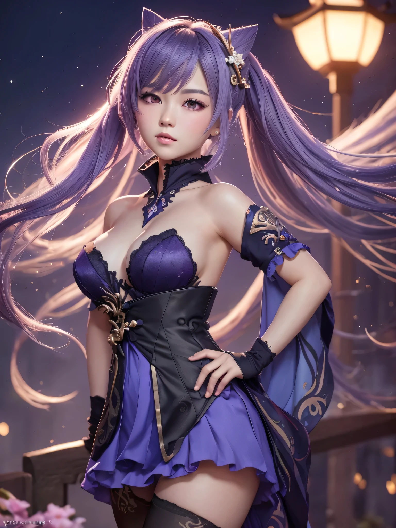 ((Genshin Impact)), ((Keqing)), ((Focus on the hips)), (black stockings wit lace top:1.2), traditional beauty, gorgeous chinese model, draped in purple and blue silk, with beautiful exoticism, purple hair, violet eyes, cat ears on top of head, By bicycle, soft fluffy soft landscape forest snowy avatar pastel pink sky green blue glitter ethereal light pastel pastel whimsical light rainbow stars diamonds sparkling gem background hyper realistic Ultra quality cinematic lighting Huge detail Full HD painting Well lit, from on the side, Masterpiece, Best Quality, Real Skin,(Portrait:1.5), 1girl, Long hair