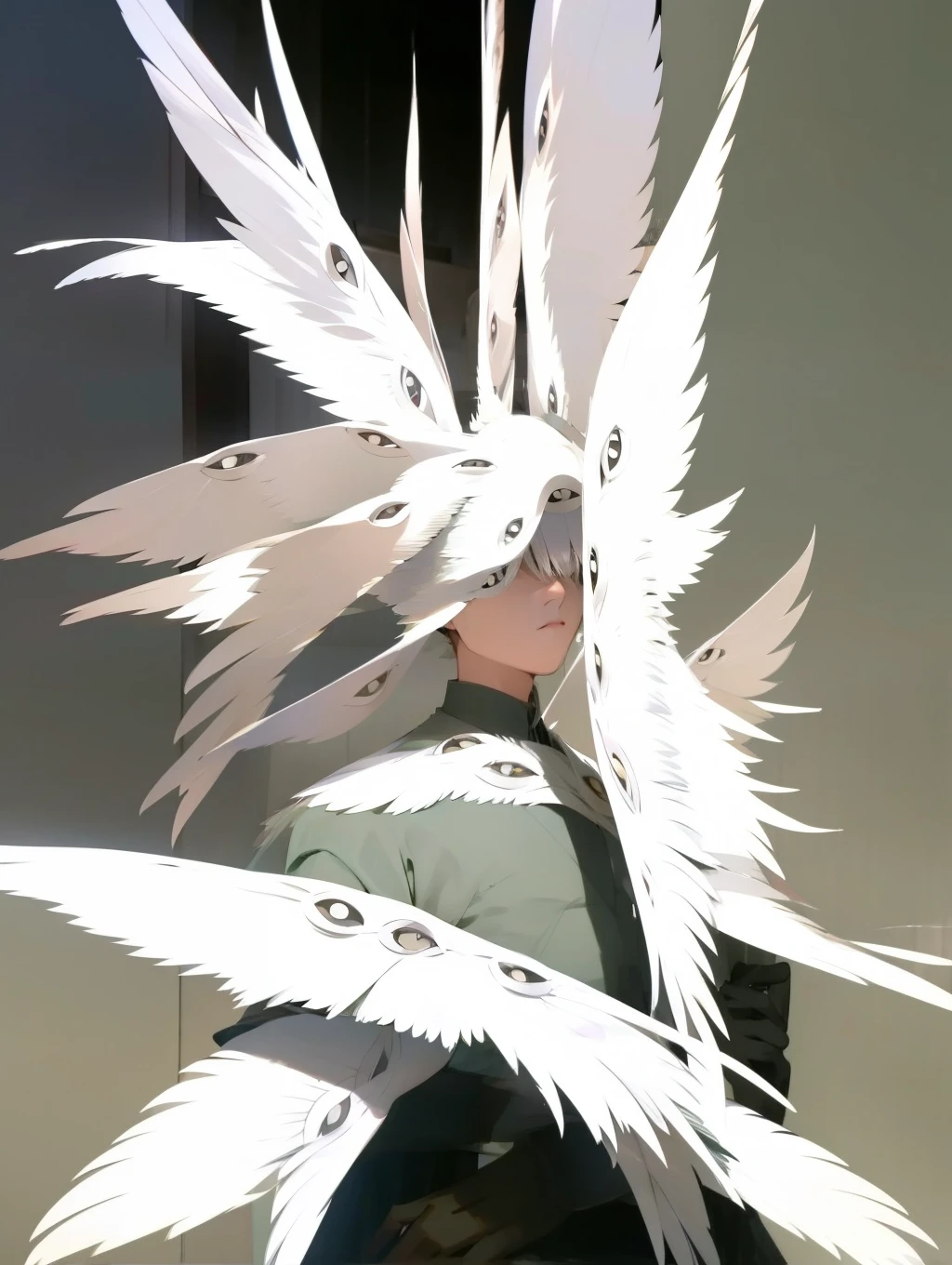 1 boy、highest quality, Tabletop, Beautiful Face、suit、Silver Hair、short hair、whole body (There are many feathers) (There are many eyes) Face is hidden