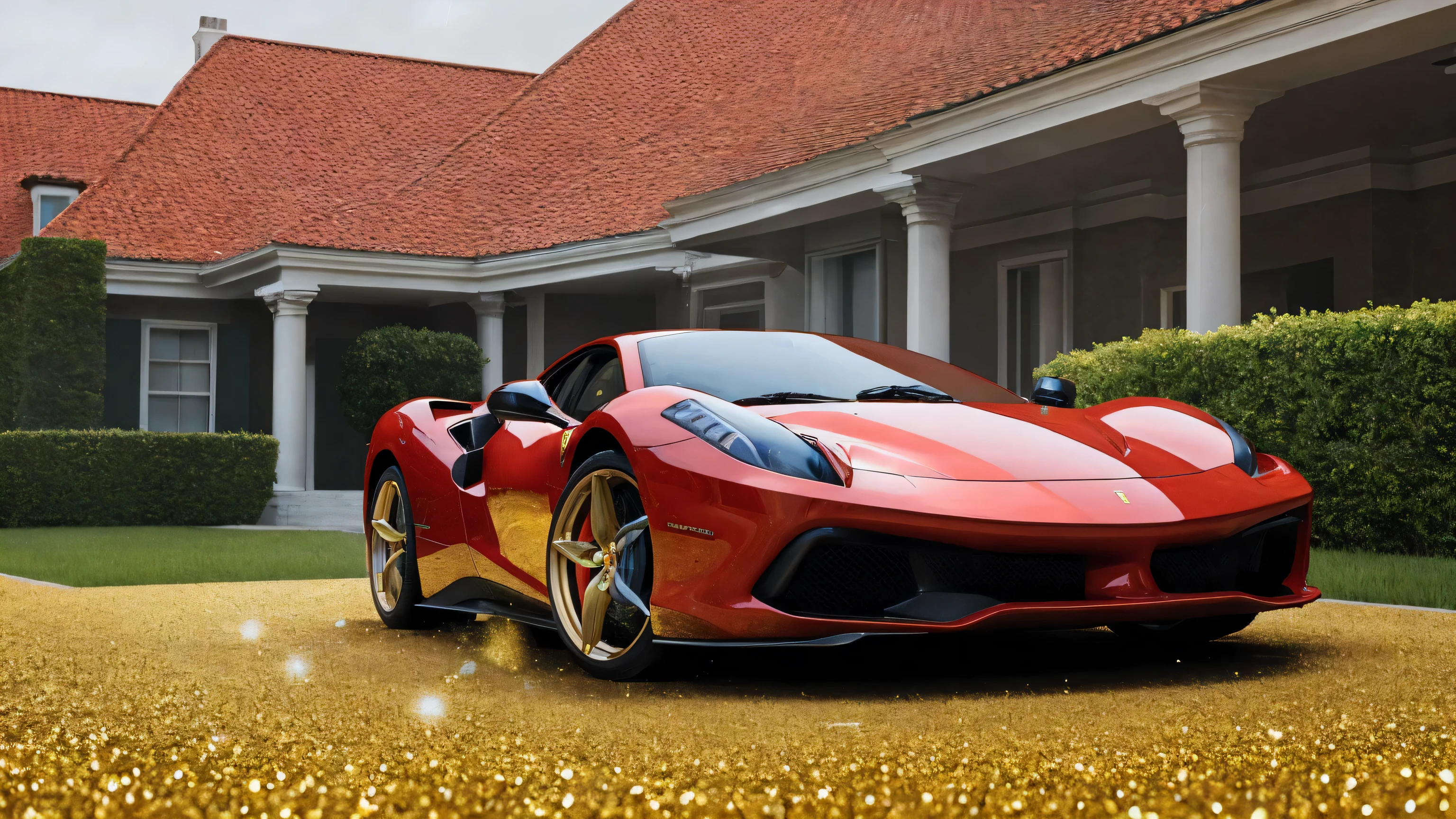 a man in front of a mansion next to a ferrari full of gold coins falling from the sky, ultra detailed image, realism, 8k, hyper detailed skin, intense and vivid colors.