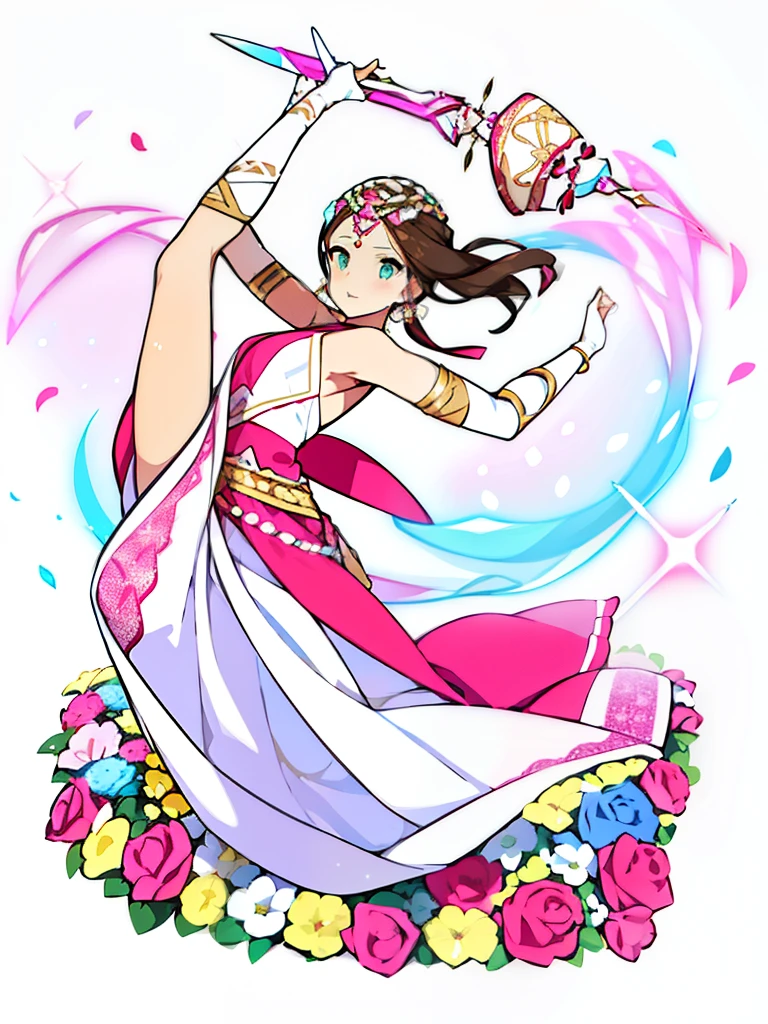 A dancer, brunette hair, light eyes, cultural dancer clothing in pink and light tones including white, a light sword decorated with pink tropical roses, a white candle with pink jewels, some shades of light blue and light yellow in her clothing, flowers around her.