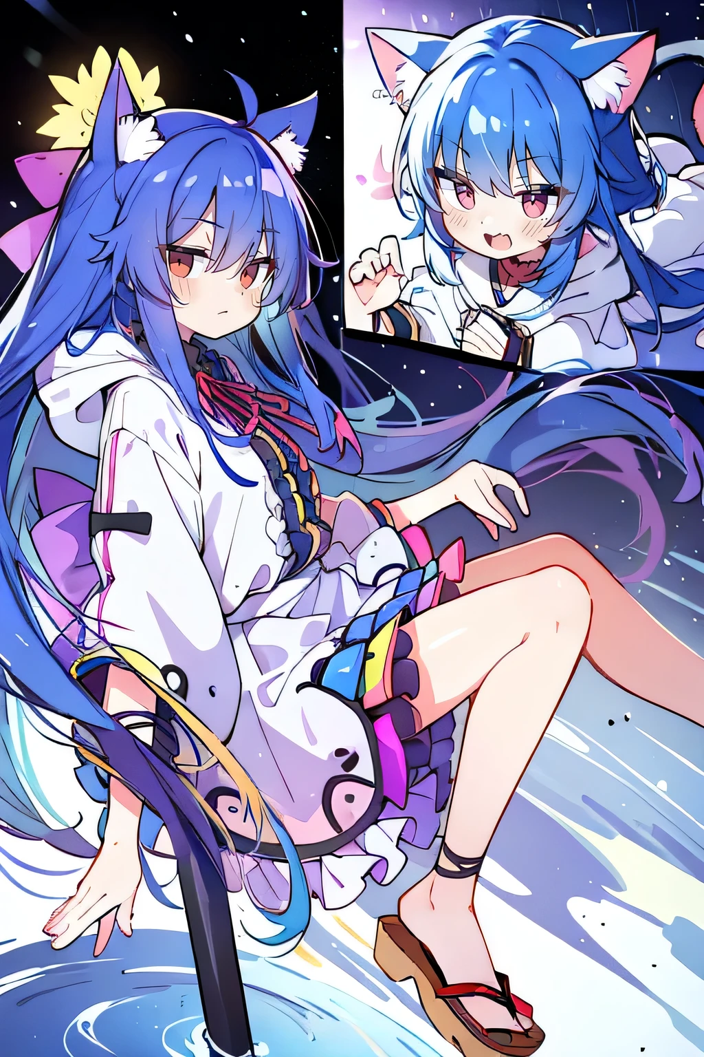 （masterpiece：1.2），Super detailed，lifelike，Expressive eyes，fair skin，perfect face shape，1 girl，
Japanese comics,Gorgeous blue hair,flowing blue hair,flowing clothes,Cat ears,Petals fall,beautiful lola,Baby Angel,
Shaking head with one hand，Cross your legs，Gentle and peaceful background，The pavilion is cool and comfortable,smile, wearing hoodie, background of tokyo,back views,snowing, winter,lie on the water.