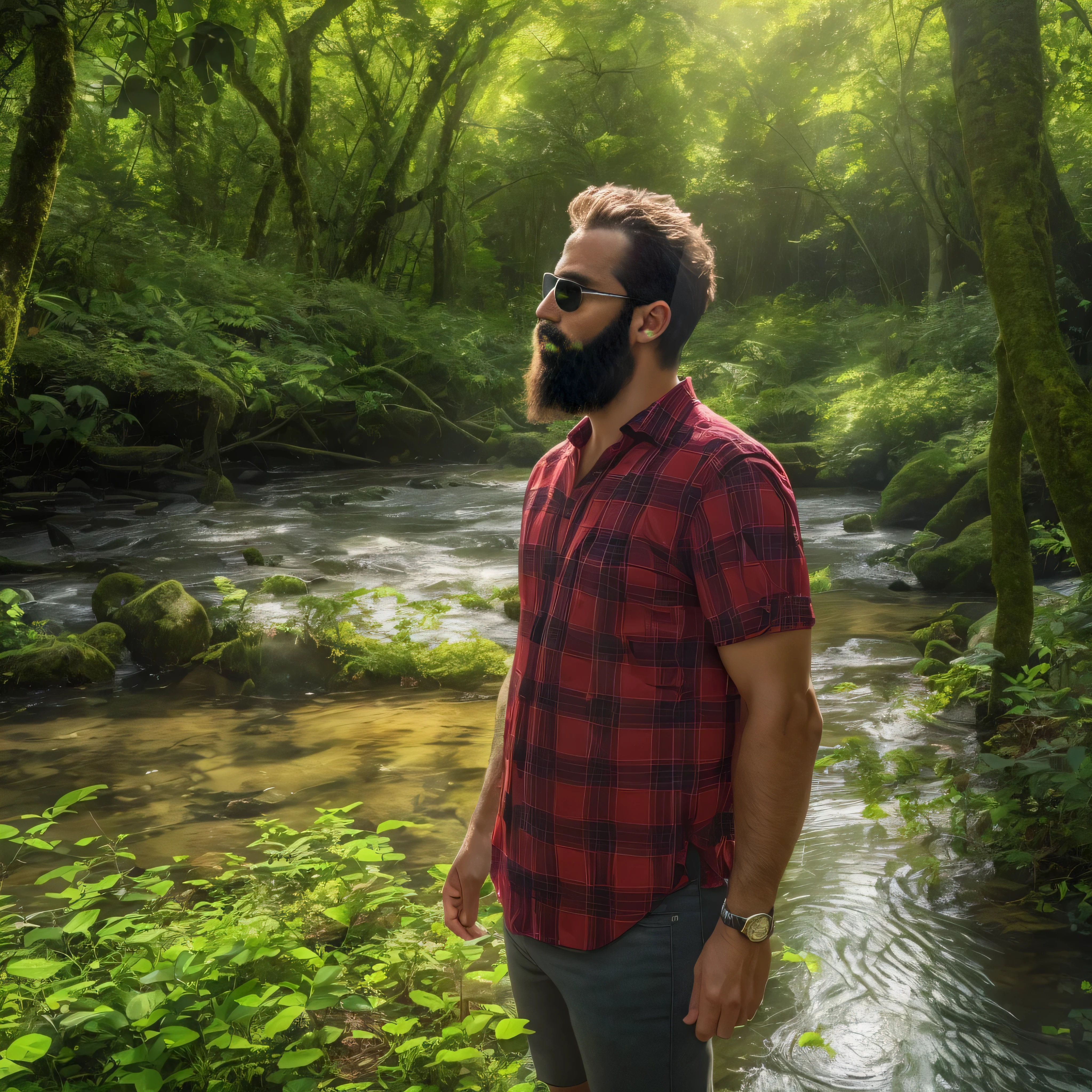 Visualize a 38-year-old man with a well-trimmed beard., lentes de sol oscuros y una camisa de cuadros en tonos rojos y negros. It is in a detailed natural environment, surrounded by a lush forest with tall trees and green leaves. The sun's rays filter through the foliage, creating a play of lights and shadows on it. He is standing next to a crystal clear stream that meanders between rocks and vegetation. El plano medio de la imagen muestra la parte superior de su cuerpo, highlighting his calm and contemplative expression, con los detalles de su camisa de cuadros y la naturaleza circundante claramente visibles.