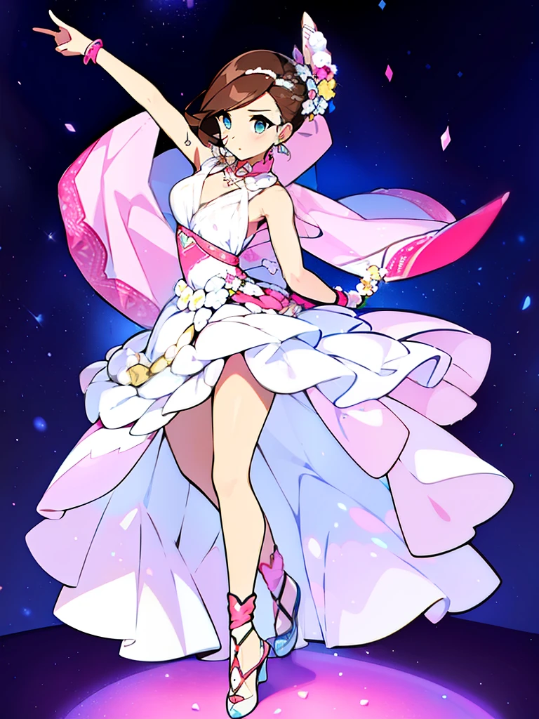A dancer, brunette hair, light eyes, cultural dancer clothing in pink and light tones including white, a light sword decorated with pink tropical roses, a white candle with pink jewels, some shades of light blue and light yellow in her clothing, flowers around her.
