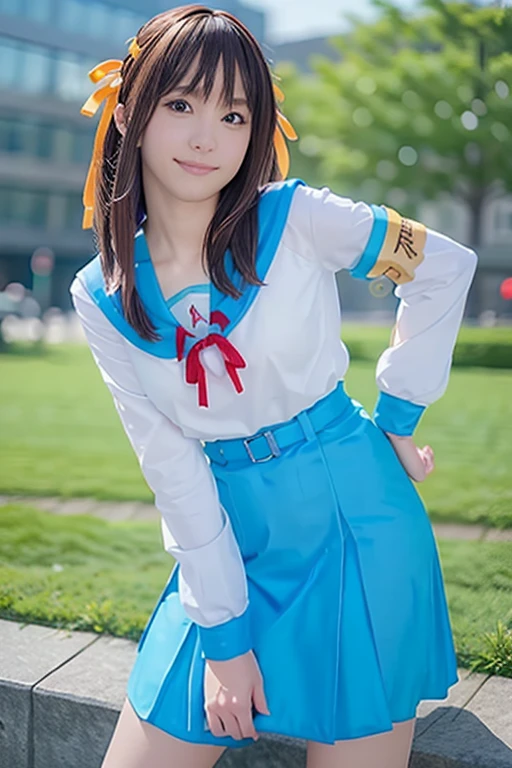 (RAW Photos:1.2), (Realistic:1.4),(masterpiece:1.3),(highest quality:1.4),超High resolution,(Fine grain),(Detailed facial features),(Detailed clothing features),High resolution,8K resolution, Focus Only, View Viewer, (bangs:1.1), dream-like, (Highly detailed illustration), One girl,cute, Innocent, (smile), (whole body) , Haruhi_srf, White long sleeve shirt with blue collar, Blue Skirt, Yellow ribbon, Are standing,ponytail、smile、