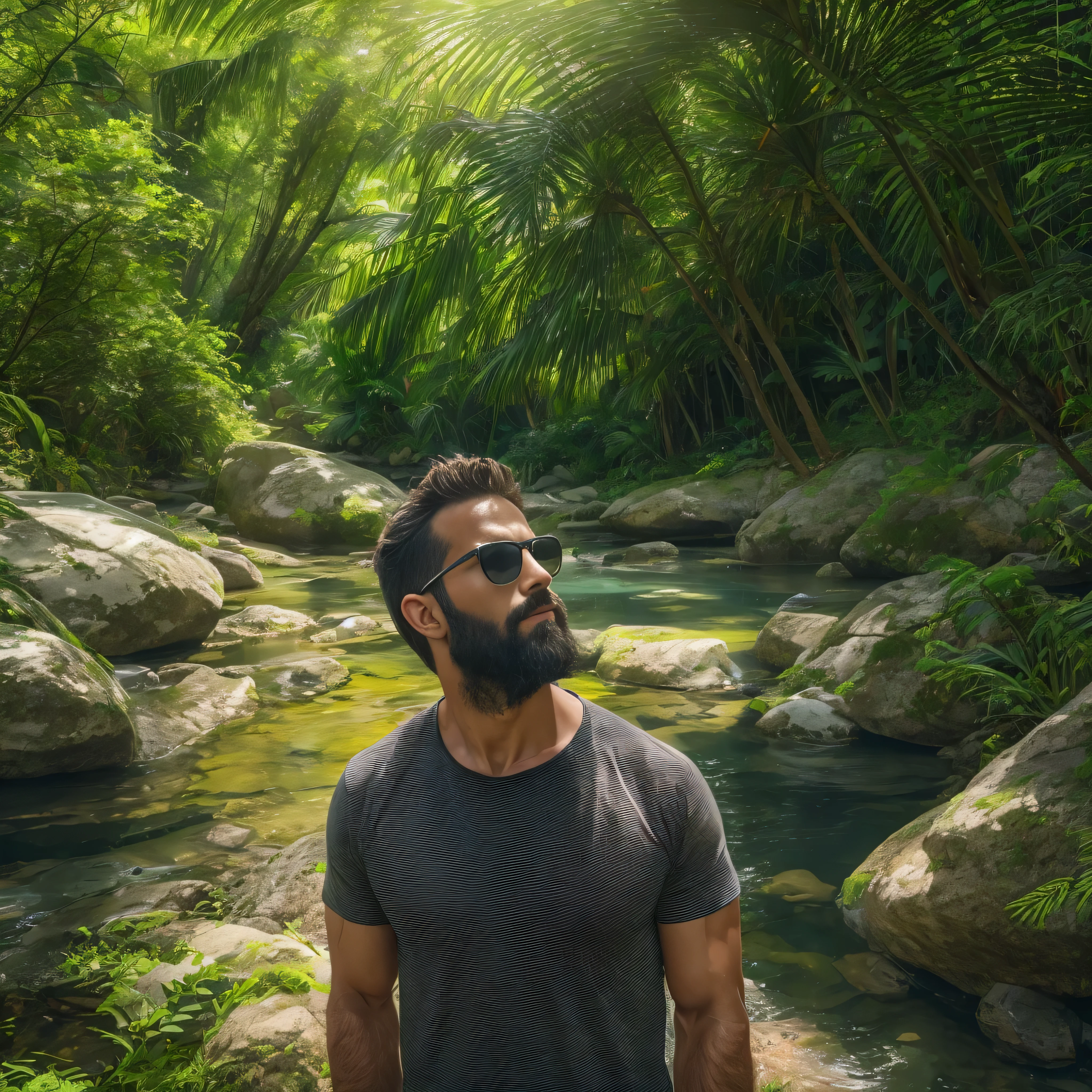 Visualize a 38-year-old man with a well-trimmed beard., lentes de sol oscuros y una camisa de cuadros en tonos rojos y negros. It is in a detailed natural environment, surrounded by a lush forest with tall trees and green leaves. The sun&#39;s rays filter through the foliage, creating a play of lights and shadows on it. He is standing next to a crystal clear stream that meanders between rocks and vegetation. El plano medio de la imagen muestra la parte superior de su cuerpo, highlighting his calm and contemplative expression, con los detalles de su camisa de cuadros y la naturaleza circundante claramente visibles.