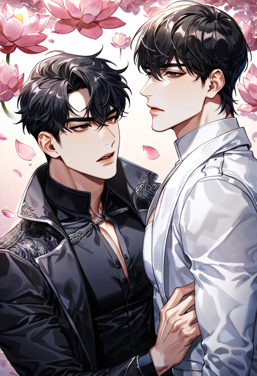 absurdres, highres, ultra detailed, HDR) master piece, best quality, Kim Dokja, black straight hair, with bangs, expressive brown eyes, white coat, omniscient reader's viewpoint, Yoo Joonghyuk, black hair, expressive gray eyes, black coat, two sexy men together, yaoi, gay couple, handsome, toned chest, magical fantasy, pink butterflies, glittering, sparkling, pink lotus, petals, radiant, water