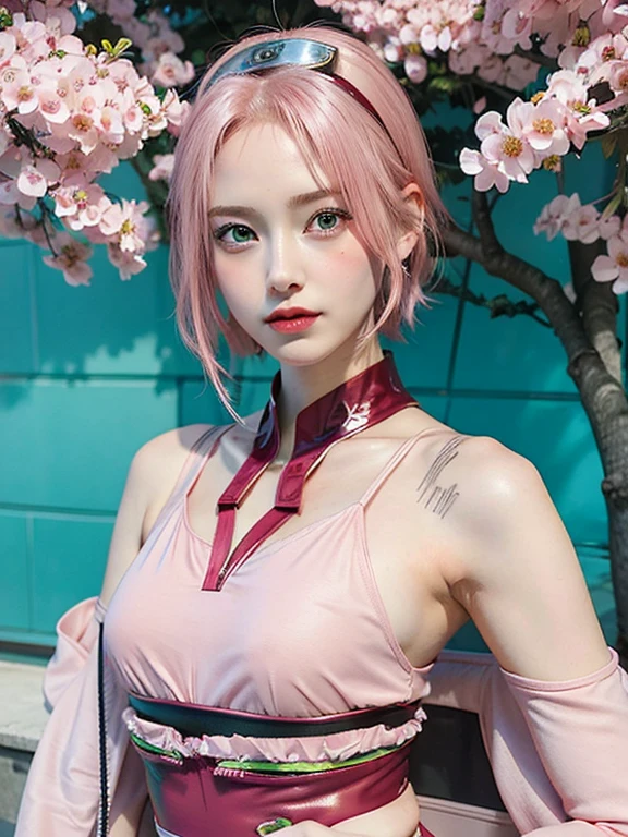 young woman, short shoulder-length pink hair, wide forehead, porcelain skin, pink eyebrows, big emerald green eyes, buttoned nose, full lips, heart-shaped face, slender body, small breasts, red tank top, Sakura Haruno , realistic, realism, details, 3d, well detailed