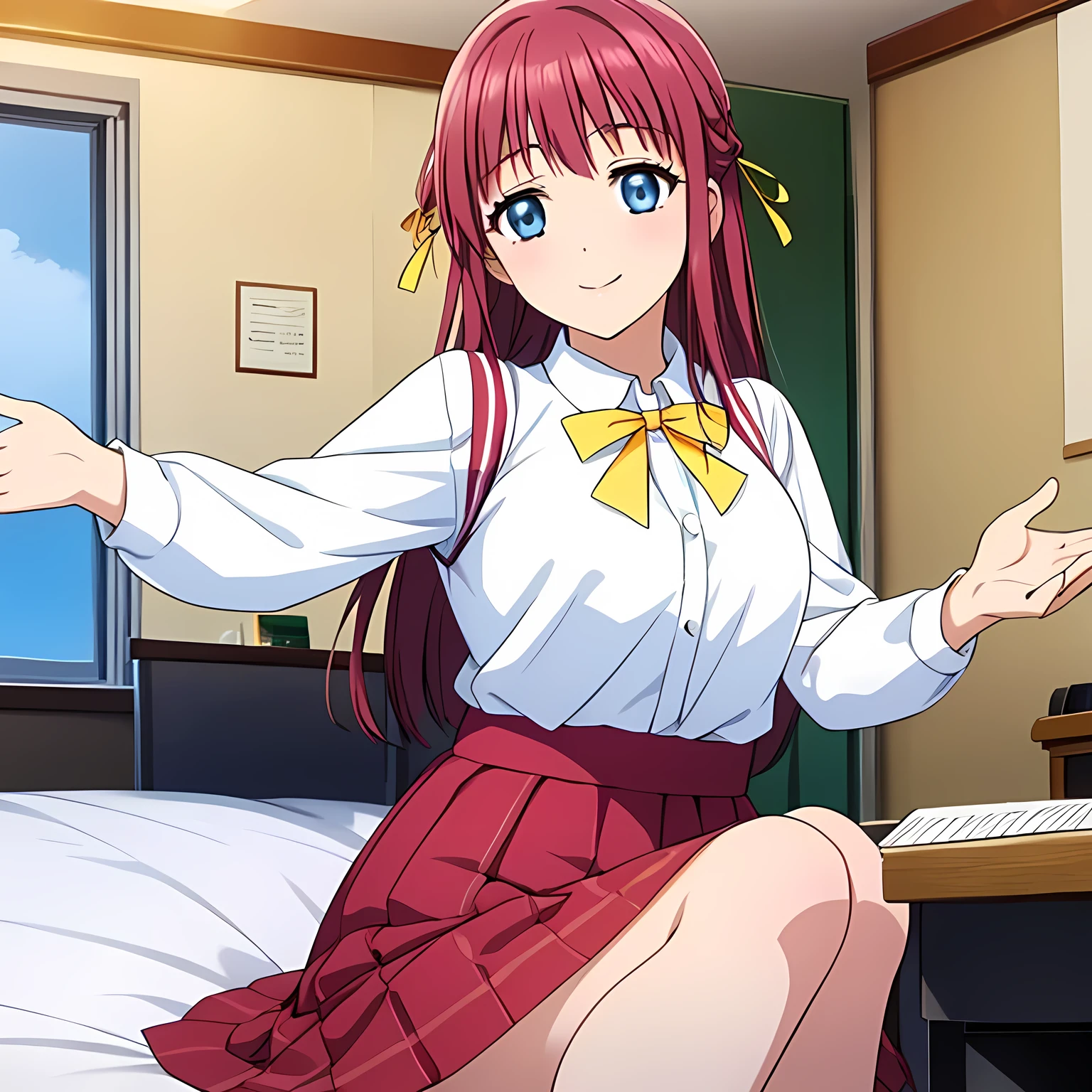 (highest quality, masterpiece:1.2), highest quality, High resolution, 1080p, 8K, CG of the heroine of a beautiful girl game, Height: 158cm, １４A year-old Japanese fashion model is smiling with a cute and elegant smile on her bed, A face as elegant as a princess, Glossy lips, Even bangs, Double, Long eyelashes, Big Blue Eyes, The very large and thick yellow ribbon bowtie is very cute., Beautiful, shiny red long hair, A neat red pleated skirt that reaches down to the knees, Pink sailor suit, A light pink neat blouse, Ribbon in hair, School music room with piano, Thick calves, Tight waist, Approaching the viewer with open arms, Shot from above