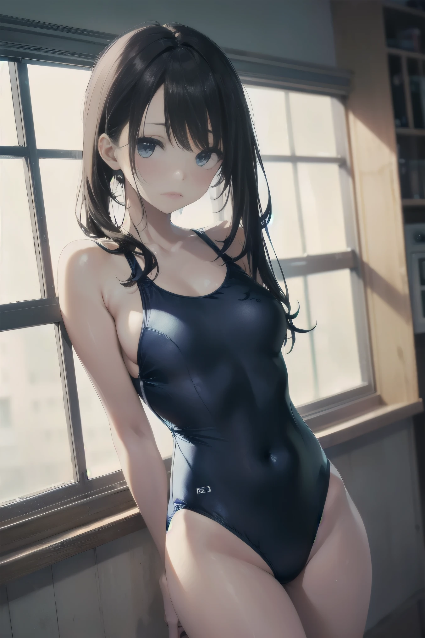 high quality、最high quality、Ultra-high resolution、Slender beauty、Polka dot swimsuit、Embarrassed look、Droopy eyes