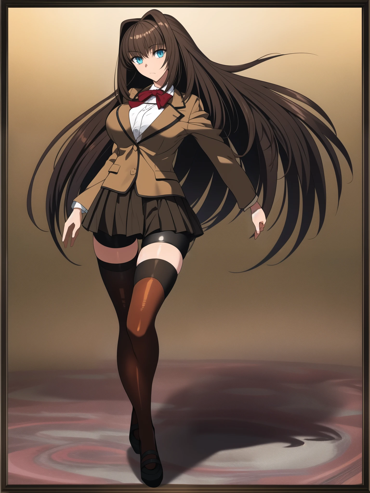 BREAK, blank background, white background, (EMPTY BACKGROUND), BREAK (masterpiece:1.2), best quality, high resolution, 8k, illustration, (beautiful detailed eyes:1.6), extremely detailed face, extremely detailed, CG, perfect hands, perfect anatomy, (((1girl))), (((solo))), (((bbaoko))), (((2 legs max:1.7))), (((2 feet max:1.6))), ((swirling longest brown hair:1.5)), (brown longest hair with slightly reddish undertone:1.6), (lush luscious longest brown hair:1.6), (very long voluminous longest brown hair:1.5), serious, blue eyes, red bowtie, (Form-fitting beige blazer:1.5), brown jacket, (highly detailed beautiful face:1.2), (white shirt:1), (well shaped large breasts:1.6), (nice hips:1), (((Umber pleated thigh-high skirt:1.6))), (((black bike shorts:1.4))), (2 nice visible thighs:1.6), (symmetrical thigh-high black colored stockings:1.6), (strap shoes brown color), (facing front:1.5), ((standing straight:1.5)), ((Fullbody in frame:1.6)), ((Full body:1.5))