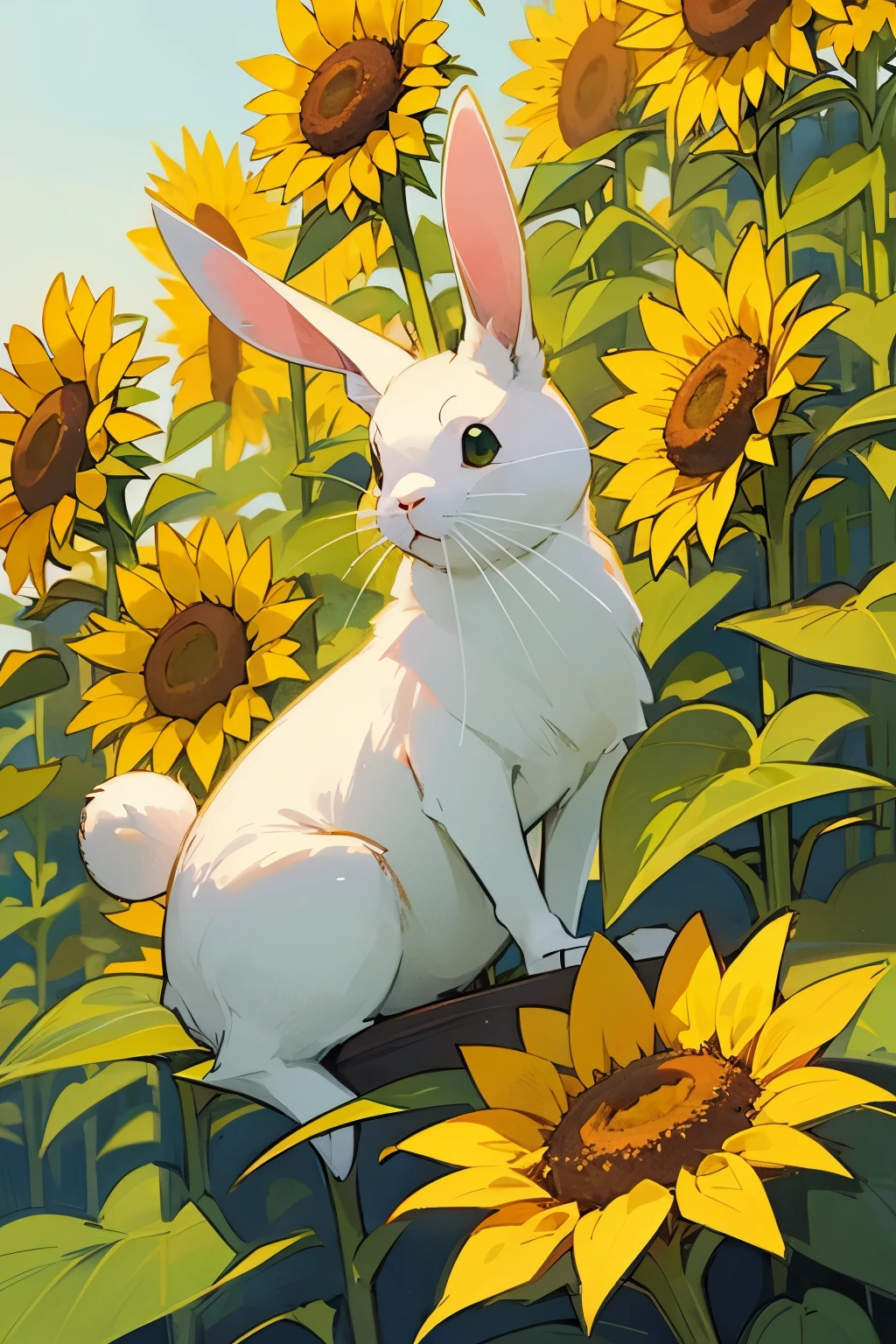 （Green wilderness as background），（Aesthetic style），（There is a big sunflower），（A cute white rabbit holding small flowers under a sunflower），（Rabbit&#39;s eyes are firm），（The sun shines bright golden light）,（The painting style is exquisite）