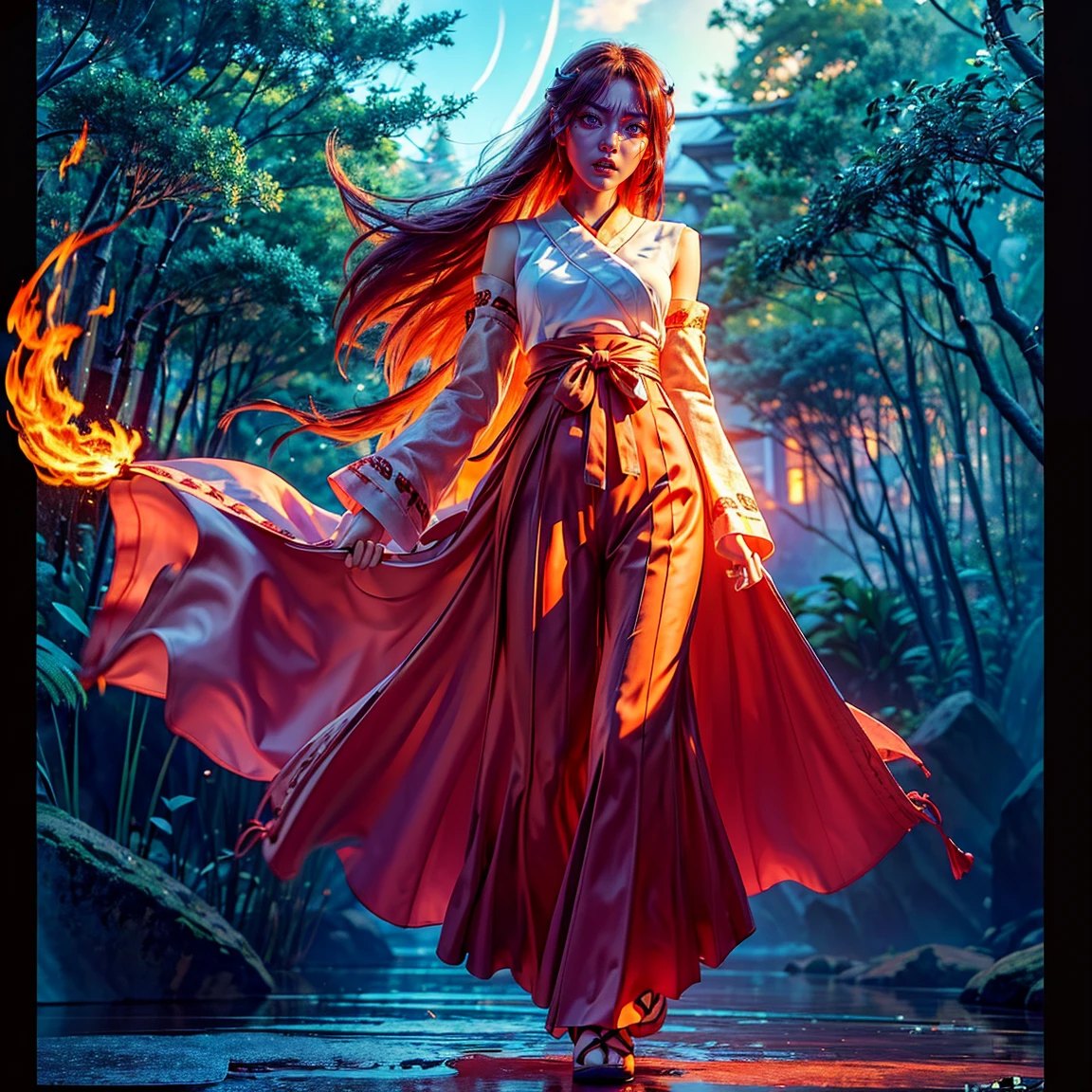 ultra-detailed, Explicit, Beautiful body, Beautiful Nose, Beautiful character design, perfect eyes, perfect face, ultra highres, 4K, beautiful legs, perfect legs, Nice hands, Perfect hand, Masterpiece, Best Quality, Highly detailed, illustration, absurdres, perfect anatomy, (angry face), glowing eyes, looking at viewer, mystic aura, female priestess, full body, goddess-like, mystic trance, perfect female body, (angry stare, japanese clothes, miko, detached sleeves, hakama, hakama skirt, red hakama, ribbon-trimmed sleeves, (serious stare), purple eyes (mystic fire in her eyes), horns, extending the right arm from the shoulder into the air with a straightened hand, 1girl, hair ornaments, orange redhair, long hair, purple eyes, red fire pupils, (((pixel-perfect, detail-perfect))), solo, 1girl, Hanyuu, higurashi when they cry, umineko when they cry, medium sized natural breasts, furious face, extremely angry facial expression, eye with flames surrounding it, fantasy art, angel eyes, amazing detail digital art, stunning digital art, amazing digital art, detailed fantasy digital art