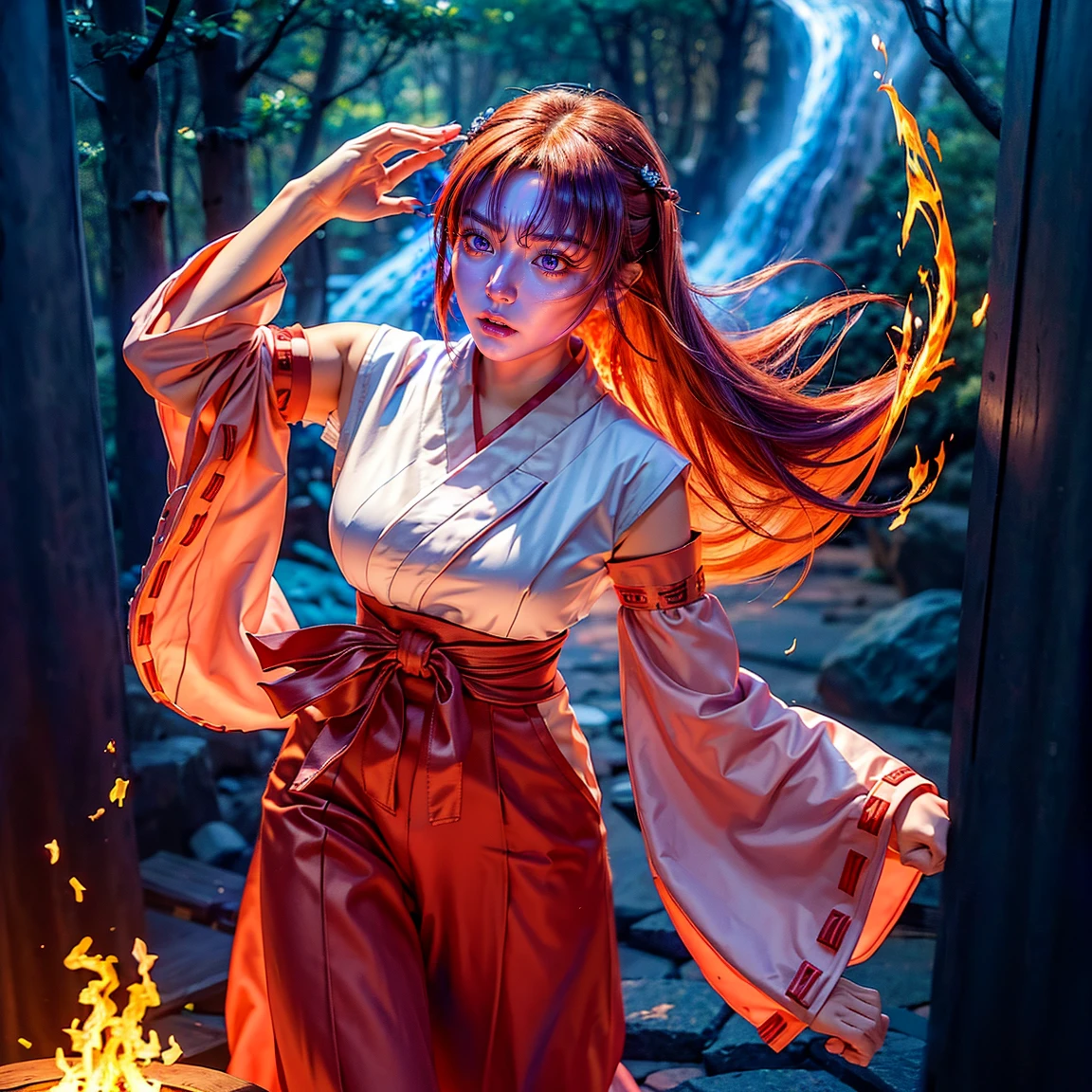 ultra-detailed, Explicit, Beautiful body, Beautiful Nose, Beautiful character design, perfect eyes, perfect face, ultra highres, 4K, beautiful legs, perfect legs, Nice hands, Perfect hand, Masterpiece, Best Quality, Highly detailed, illustration, absurdres, perfect anatomy, (angry face), glowing eyes, looking at viewer, mystic aura, female priestess, full body, goddess-like, mystic trance, perfect female body, (angry stare, japanese clothes, miko, detached sleeves, hakama, hakama skirt, red hakama, ribbon-trimmed sleeves, (serious stare), purple eyes (mystic fire in her eyes), horns, extending the right arm from the shoulder into the air with a straightened hand, 1girl, hair ornaments, orange redhair, long hair, purple eyes, red fire pupils, (((pixel-perfect, detail-perfect))), solo, 1girl, Hanyuu, higurashi when they cry, umineko when they cry, medium sized natural breasts, furious face, extremely angry facial expression, eye with flames surrounding it, fantasy art, angel eyes, amazing detail digital art, stunning digital art, amazing digital art, detailed fantasy digital art