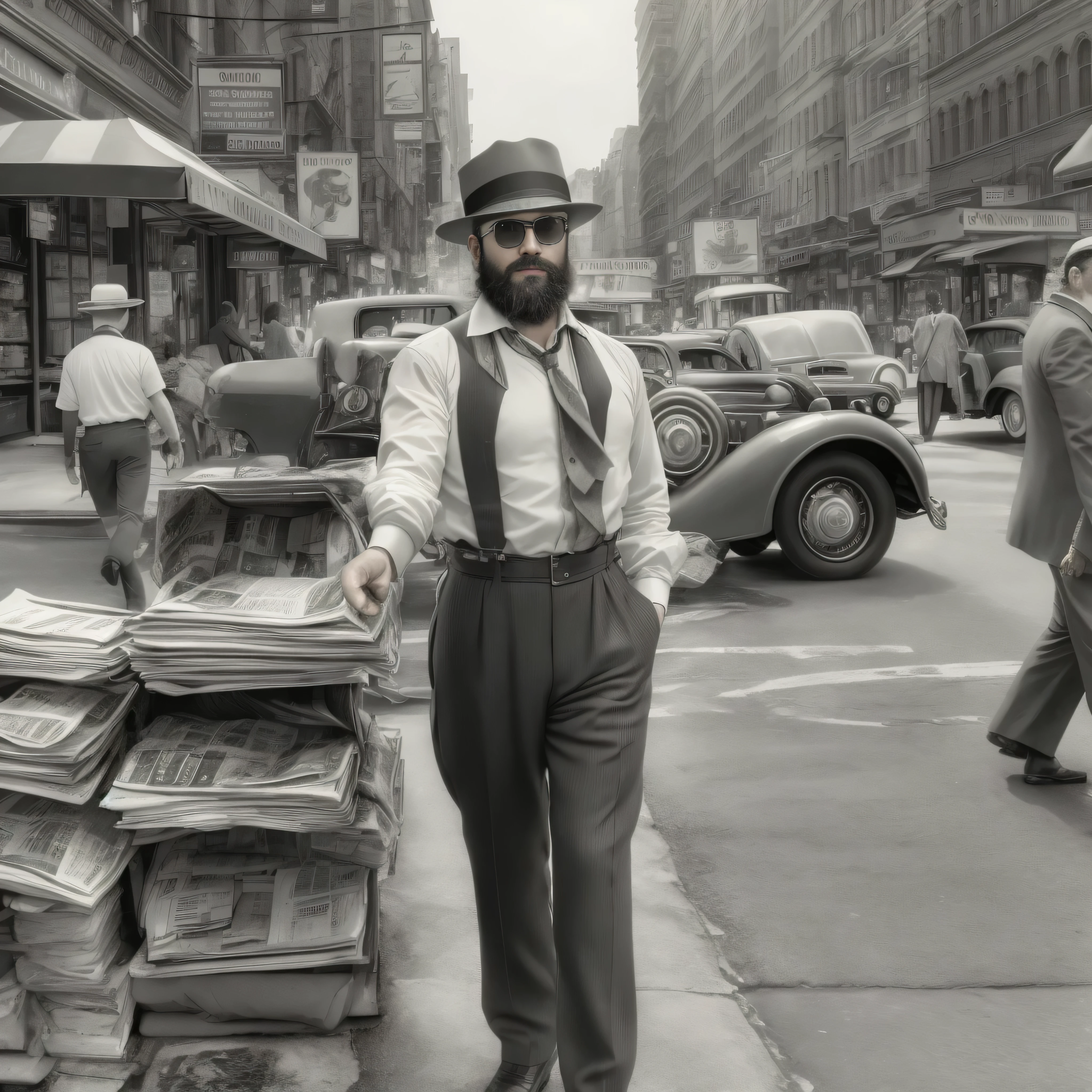 Create an image of a 38-year-old man with a beard and sunglasses. The man is dressed in clothing from the 1920s, incluyendo un traje a rayas oscuro, una camisa blanca, una corbata delgada y un sombrero de ala ancha. The setting is a busy New York street in the 1920s., con edificios altos, old cars and people walking around in clothes from that era. The man is standing next to a newsstand, holding a rolled newspaper in one hand. The image must be in black and white to simulate a photograph of the time, focusing on the upper part of the man&#39;s body in a medium shot.
