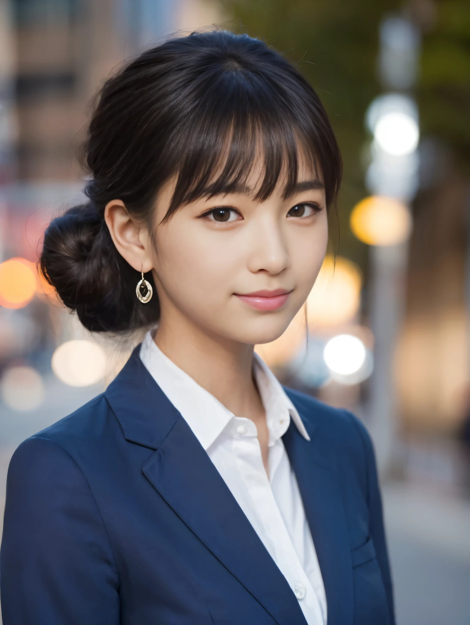 1 girl, G cup women、Tie your hair、Single bun hair、office lady、On the way to work、Shibuya Snaps, Tokyo、(Wear a classy dark blue suit、White shirt underneath、Photo from the waist up、Small silver earrings、Small silver necklace:1.2), (RAW Photos, highest qualそれy), (Realistic, Realistic:1.4), Tabletop, Very delicate and beautiful, Very detailed, 2k wallpaper, wonderful, finely, Very detailed CG Unlimited 8K wallpaper, Very detailed, High resolution, Soft Light, Beautiful detailed girl, Very detailed目と顔, Beautiful and sophisticated nose, Beautiful and beautiful eyes, Cinema Lighting, Perfect Anatomy, Slender body, Was nervous,
Straight semi-long hair, bangs, Looking at the audience, smile.Large Breasts.