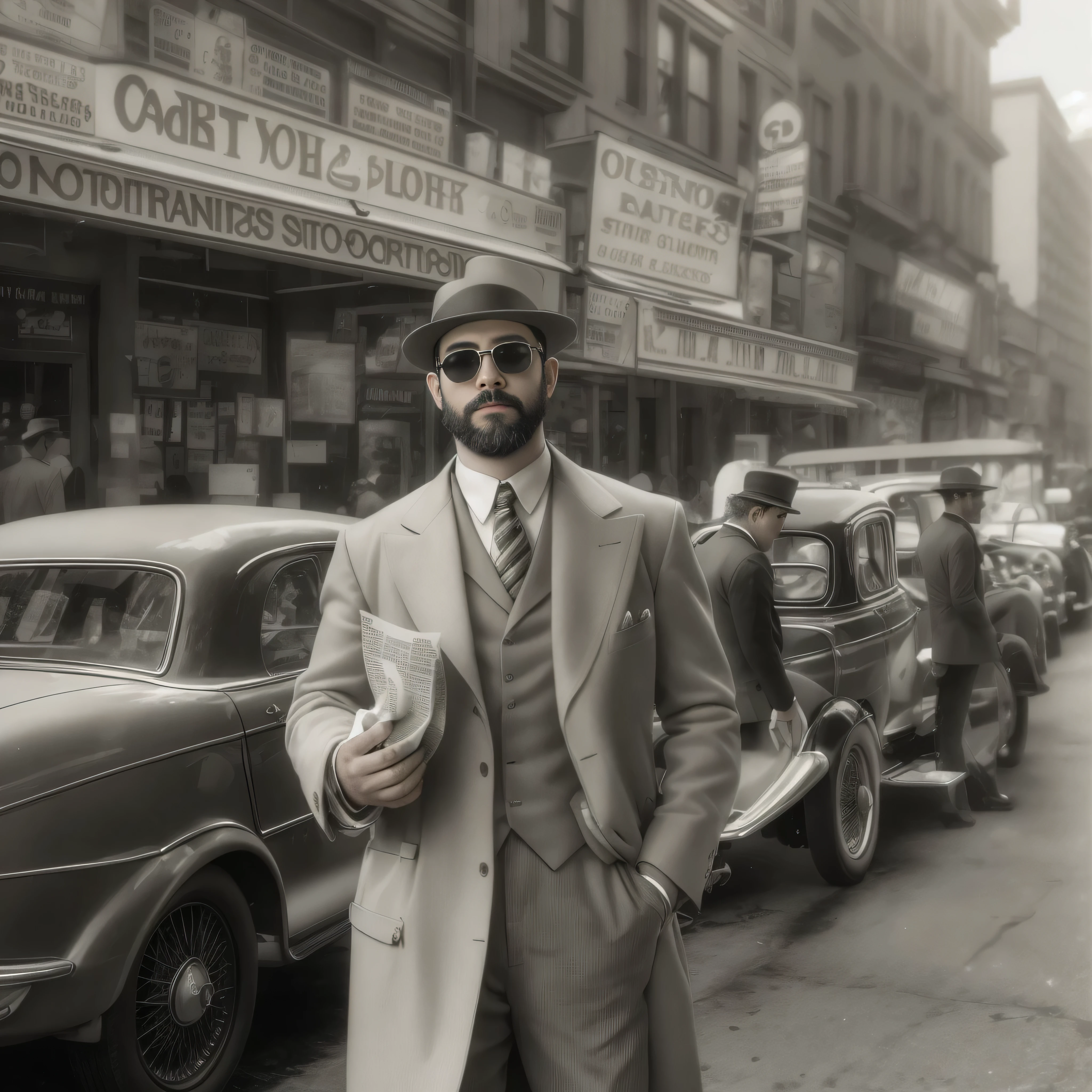 Create an image of a 38-year-old man with a beard and sunglasses. The man is dressed in clothing from the 1920s, incluyendo un traje a rayas oscuro, una camisa blanca, una corbata delgada y un sombrero de ala ancha. The setting is a busy New York street in the 1920s., con edificios altos, old cars and people walking around in clothes from that era. The man is standing next to a newsstand, holding a rolled newspaper in one hand. The image must be in black and white to simulate a photograph of the time, focusing on the upper part of the man&#39;s body in a medium shot.
