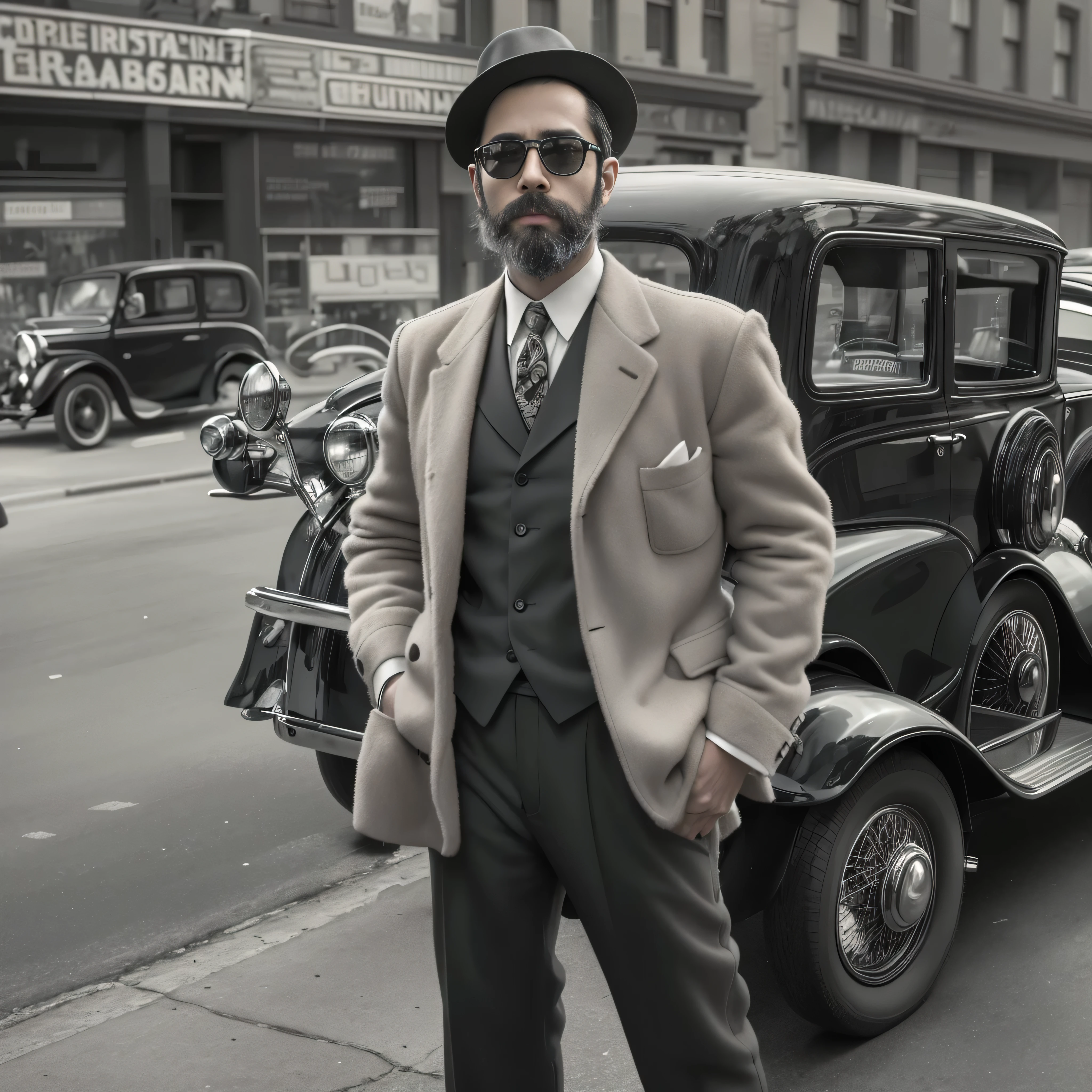 Create an image of a 38-year-old man with a beard and sunglasses. The man is dressed in clothing from the 1920s, incluyendo un traje a rayas oscuro, una camisa blanca, una corbata delgada y un sombrero de ala ancha. The setting is a busy New York street in the 1920s., con edificios altos, old cars and people walking around in clothes from that era. The man is standing next to a newsstand, holding a rolled newspaper in one hand. The image must be in black and white to simulate a photograph of the time, focusing on the upper part of the man&#39;s body in a medium shot.
