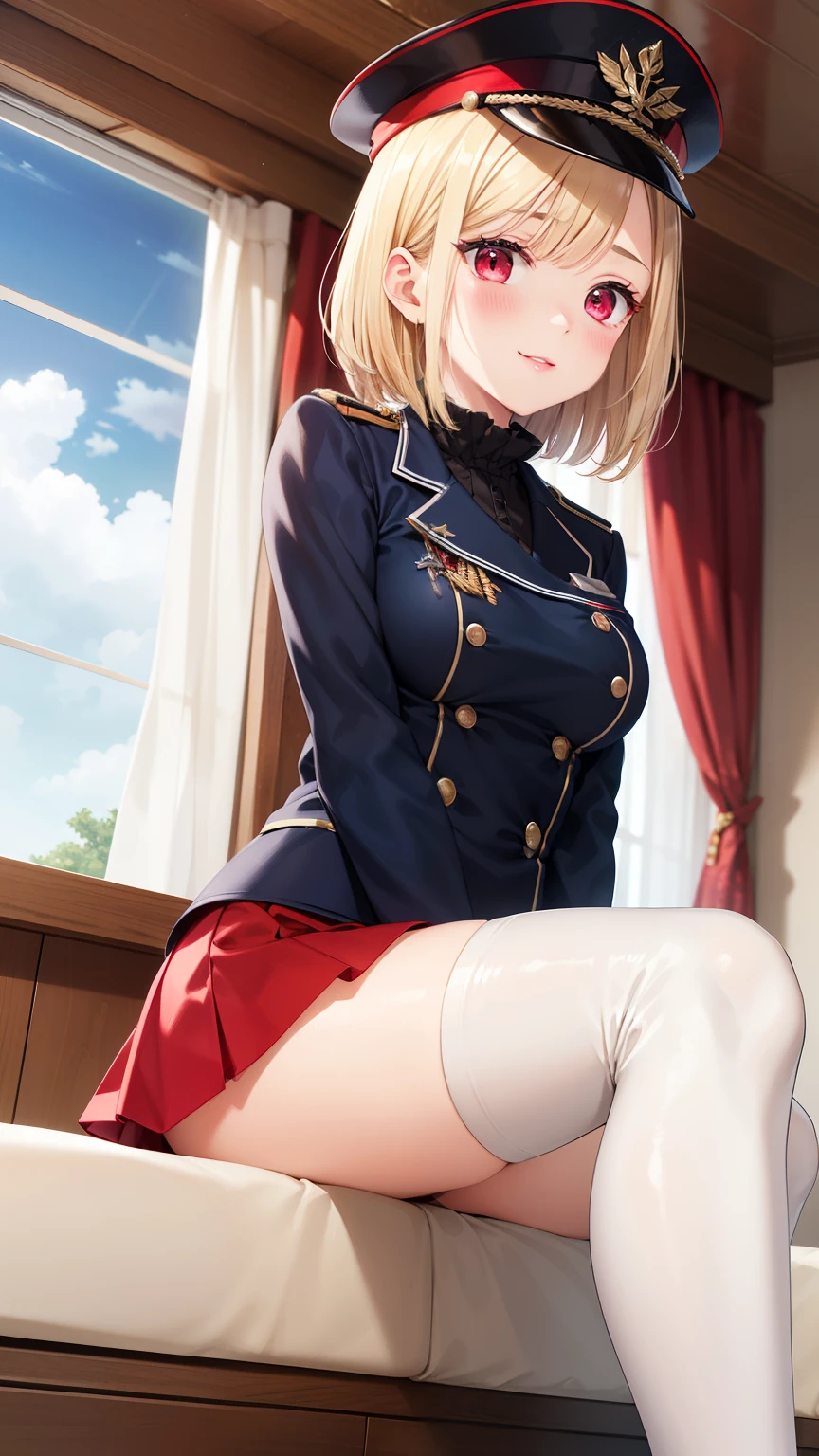 masterpiece, ultra-detailed, illustration, game cg, best quality, highres, kitagawa marin, 1girl, short fluffy blonde hair, swept bangs, gradient hair, red eyes, glossy lips, light smile, blush, medium breasts, military hat, red flared miniskirt, tight white closed jacket, red thigh boots, sitting, blue sky