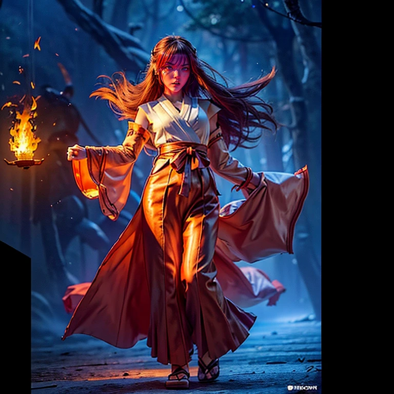 ultra-detailed, Explicit, Beautiful body, Beautiful Nose, Beautiful character design, perfect eyes, perfect face, ultra highres, 4K, beautiful legs, perfect legs, Nice hands, Perfect hand, Masterpiece, Best Quality, Highly detailed, illustration, absurdres, perfect anatomy, (angry face), glowing eyes, looking at viewer, mystic aura, female priestess, full body, goddess-like, mystic trance, perfect female body, (angry stare, japanese clothes, miko, detached sleeves, hakama, hakama skirt, red hakama, ribbon-trimmed sleeves, (serious stare), purple eyes (mystic fire in her eyes), horns, extending the right arm from the shoulder into the air with a straightened hand, 1girl, hair ornaments, orange redhair, long hair, purple eyes, red fire pupils, (((pixel-perfect, detail-perfect))), solo, 1girl, Hanyuu, higurashi when they cry, umineko when they cry, medium sized natural breasts, furious face, extremely angry facial expression, eye with flames surrounding it, fantasy art, angel eyes, amazing detail digital art, stunning digital art, amazing digital art, detailed fantasy digital art
