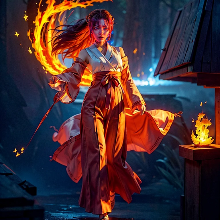 ultra-detailed, Explicit, Beautiful body, Beautiful Nose, Beautiful character design, perfect eyes, perfect face, ultra highres, 4K, beautiful legs, perfect legs, Nice hands, Perfect hand, Masterpiece, Best Quality, Highly detailed, illustration, absurdres, perfect anatomy, (angry face), glowing eyes, looking at viewer, mystic aura, female priestess, full body, goddess-like, mystic trance, perfect female body, (angry stare, japanese clothes, miko, detached sleeves, hakama, hakama skirt, red hakama, ribbon-trimmed sleeves, (serious stare), purple eyes (mystic fire in her eyes), horns, extending the right arm from the shoulder into the air with a straightened hand, 1girl, hair ornaments, orange redhair, long hair, purple eyes, red fire pupils, (((pixel-perfect, detail-perfect))), solo, 1girl, Hanyuu, higurashi when they cry, umineko when they cry, medium sized natural breasts, furious face, extremely angry facial expression, eye with flames surrounding it, fantasy art, angel eyes, amazing detail digital art, stunning digital art, amazing digital art, detailed fantasy digital art