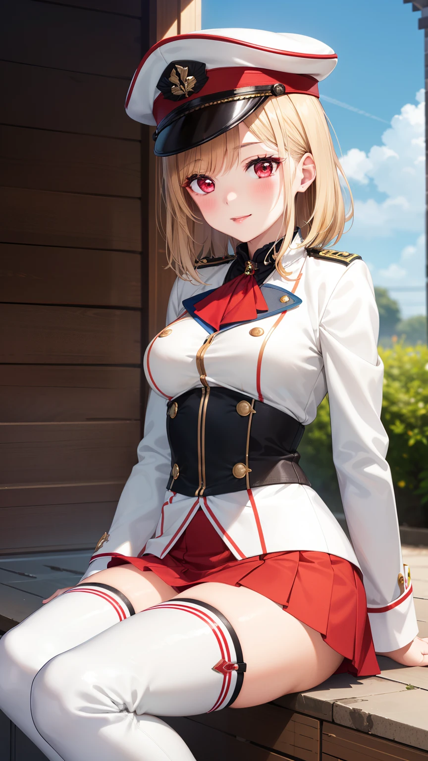 masterpiece, ultra-detailed, illustration, game cg, best quality, highres, kitagawa marin, 1girl, short fluffy blonde hair, swept bangs, gradient hair, red eyes, glossy lips, light smile, blush, medium breasts, military hat, red flared miniskirt, tight white closed jacket, red thigh boots, sitting, blue sky